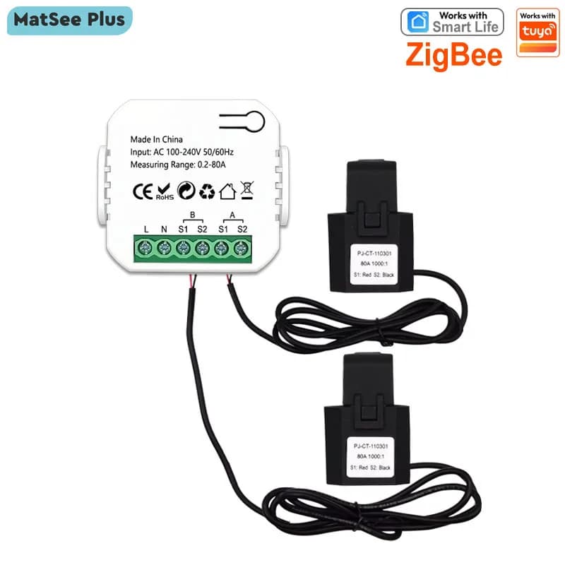 Smart ZigBee Strom Digital Meter 2-Wege 1, 2-Kanal bidirektional mit Stromwandler Klemme Tuya App Monitor Leistung 110V/240VAC 50/60Hz