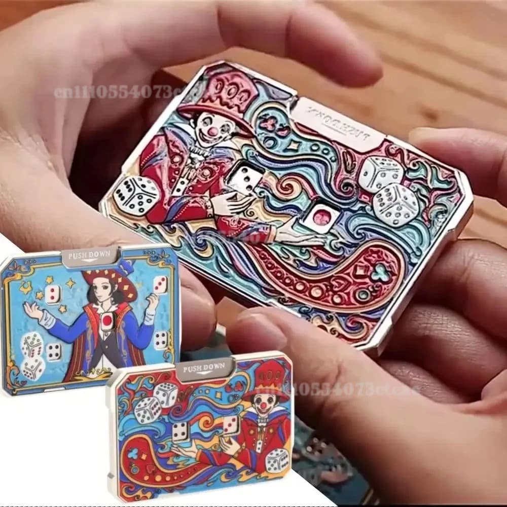 Metall-Karte mit 2/5 Löchern und Joker-Print, Mechanischer Würfelspinner, Kreatives Fidget-Spielzeug mit Beweglichen Würfeln, Cooles EDC-Gadget &