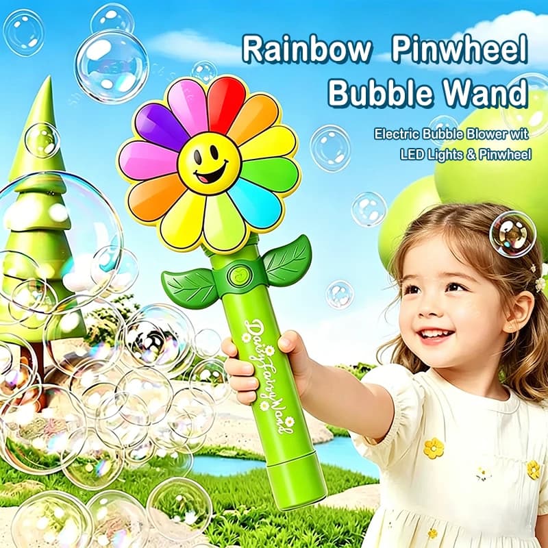 Smile Daisy Pinwheel Bubble Wand Automatischer Blasenmacher mit LED-Beleuchtung – Outdoor-Partyspielzeug für Kinder, Jungen und Mädchen,