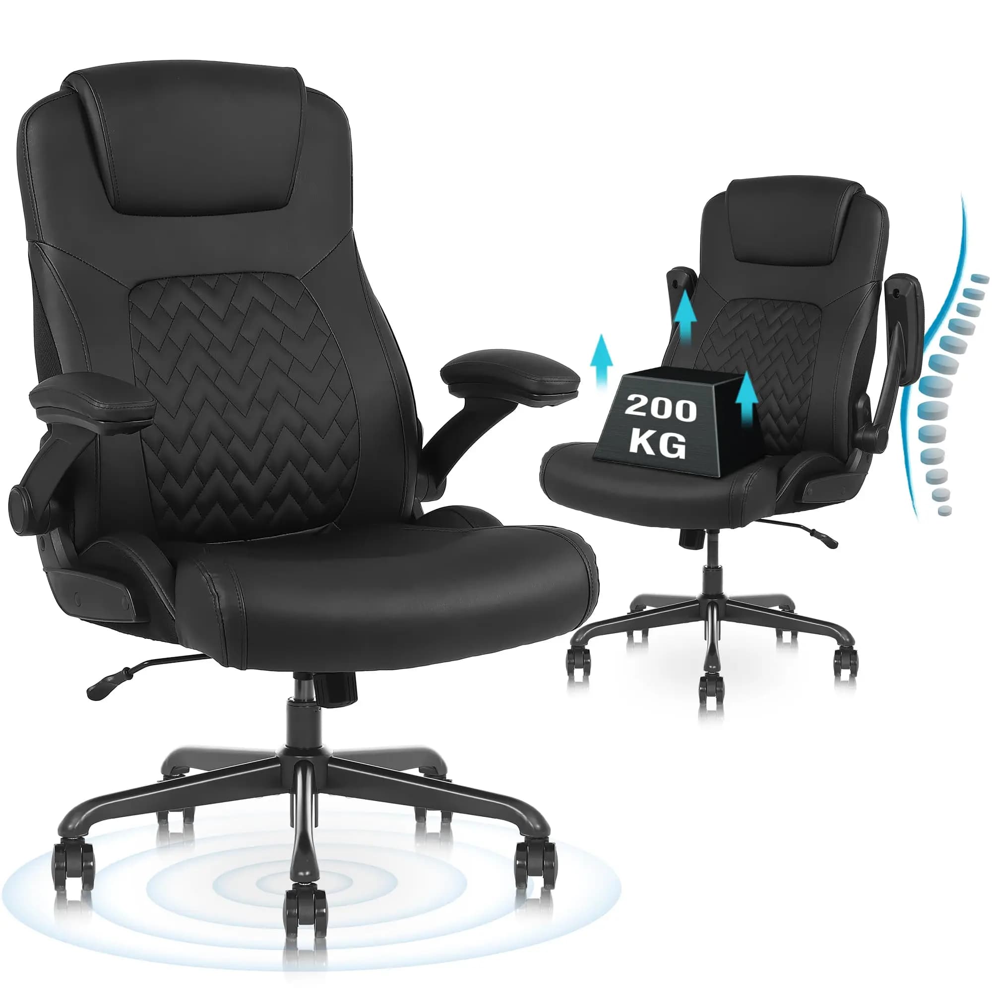 Ralex-Stuhl Ergonomischer Bürostuhl mit 200 kg Tragkraft, PU-Leder-Schreibtischstuhl mit Lordosenstütze und hochklappbaren Armlehnen,