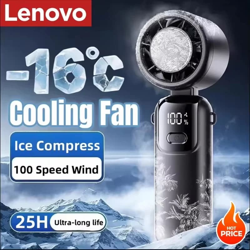 Lenovo Ice Cooling Handventilator, 100 Geschwindigkeiten, Turbo, tragbarer USB-Tischventilator, faltbar/hängbar, für schnelle Kühlung im Freien,