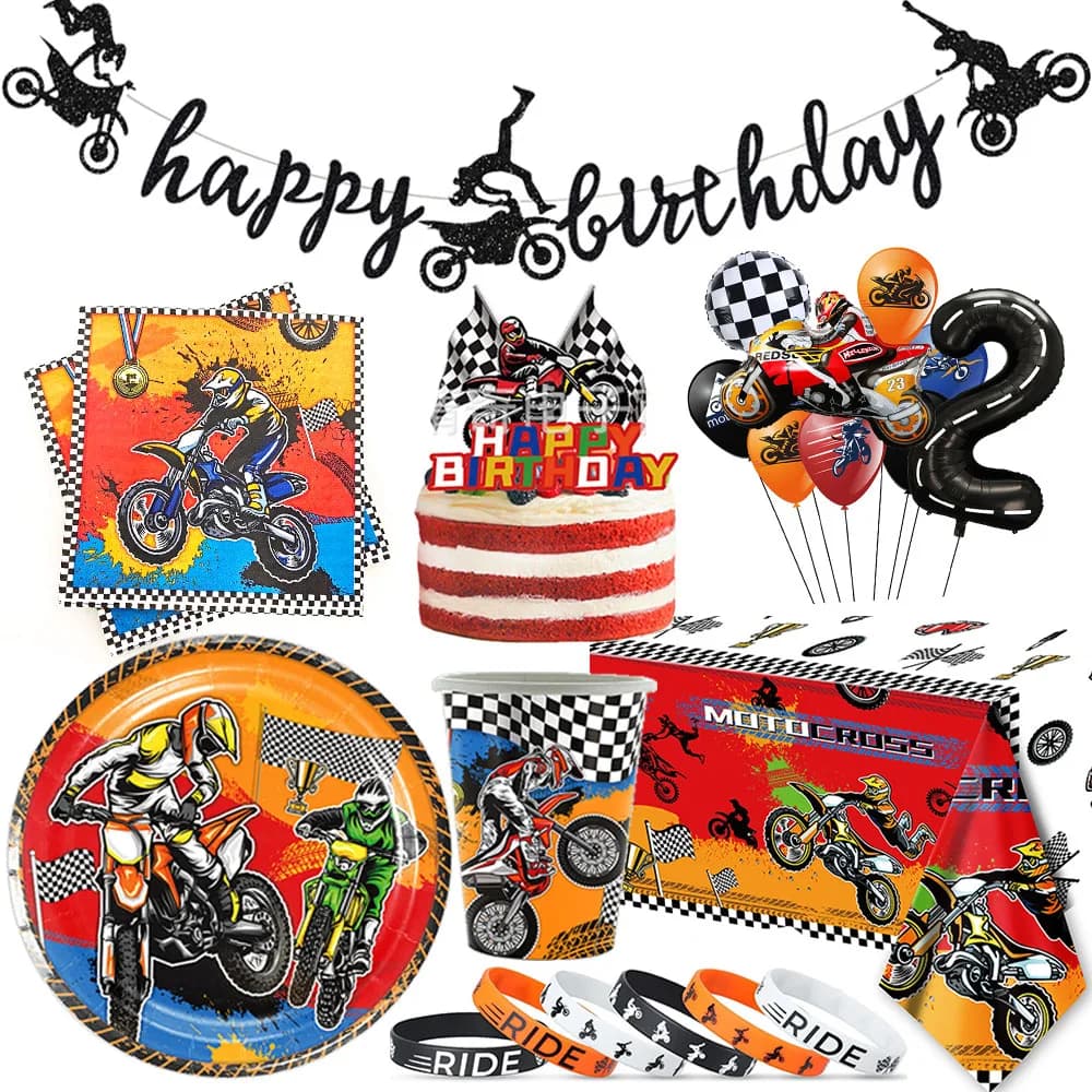 Dirt Bike Party Dekor Motorrad Banner Luftballons Geschirr Motocross Pappbecher Teller Servietten Motorrad Thema Party Supplies