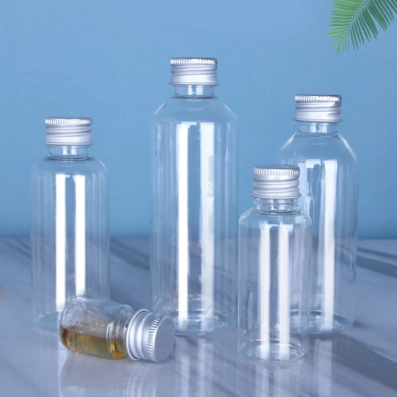5ml 10ml 30ml 50ml 100ml Plastikflasche mit Aluminiumverschluss Transparente Lotion-Probenflasche Leerer Kosmetikbehälter für Reisen