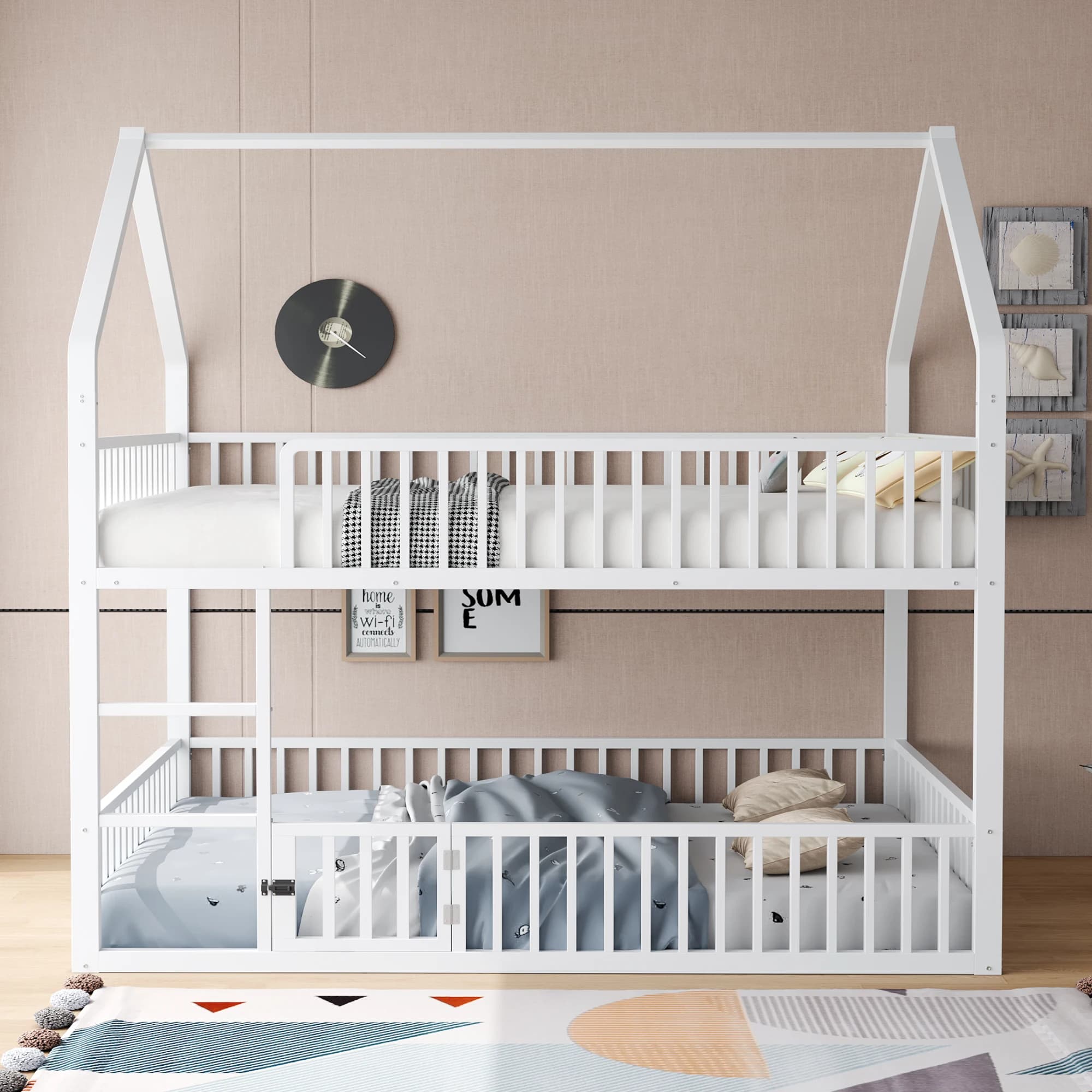 KOMHTOM Etagenbett Metall Doppelbett Kinder mit Treppe Loft Design und unterem Bett mit kleiner Tür zum Öffnen und Schließen