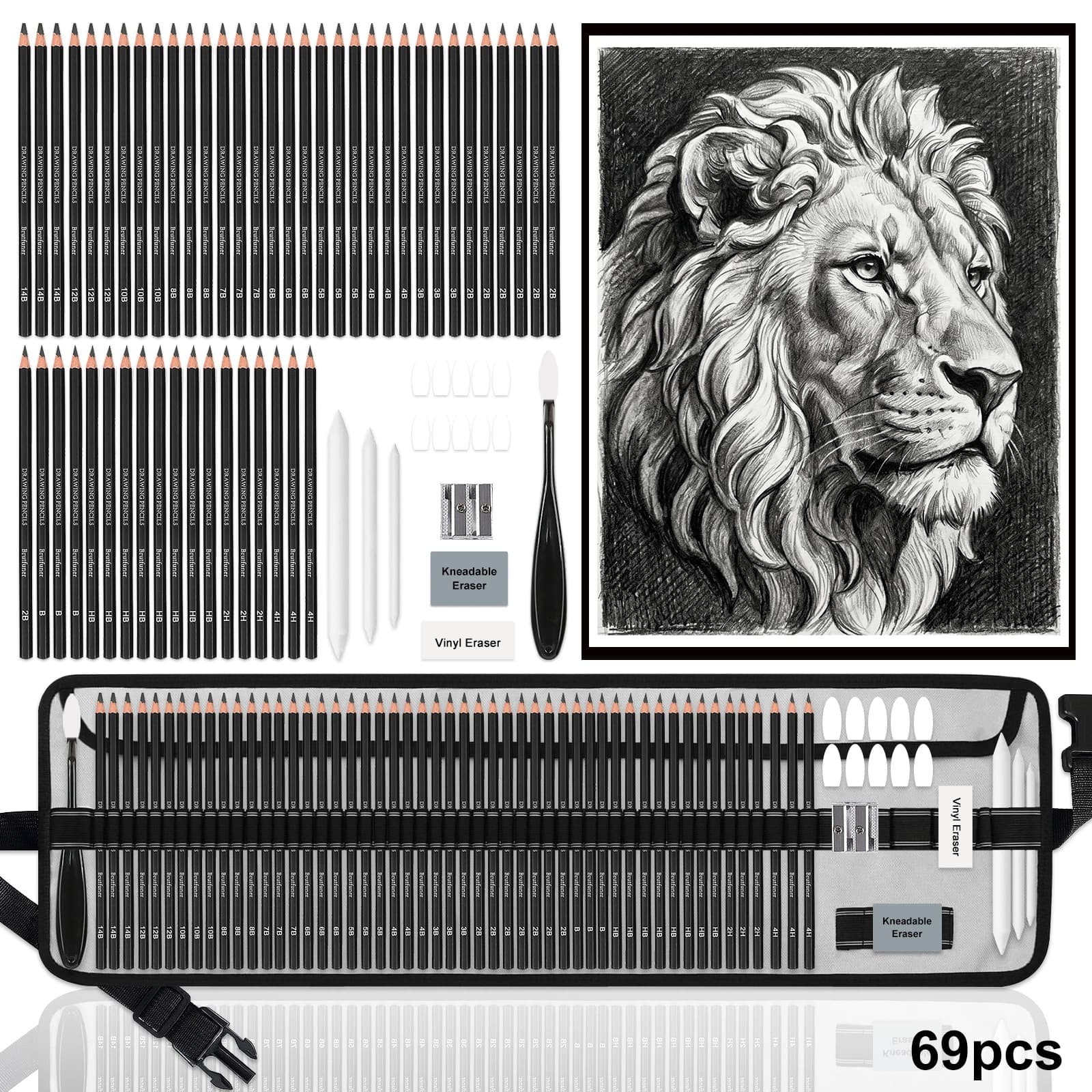 14-69 Zeichenset, Skizzierset mit Graphitstift, Mischwerkzeugen, Radiergummis usw. Zeichenset für Erwachsene Künstler in Leinwandrolle.