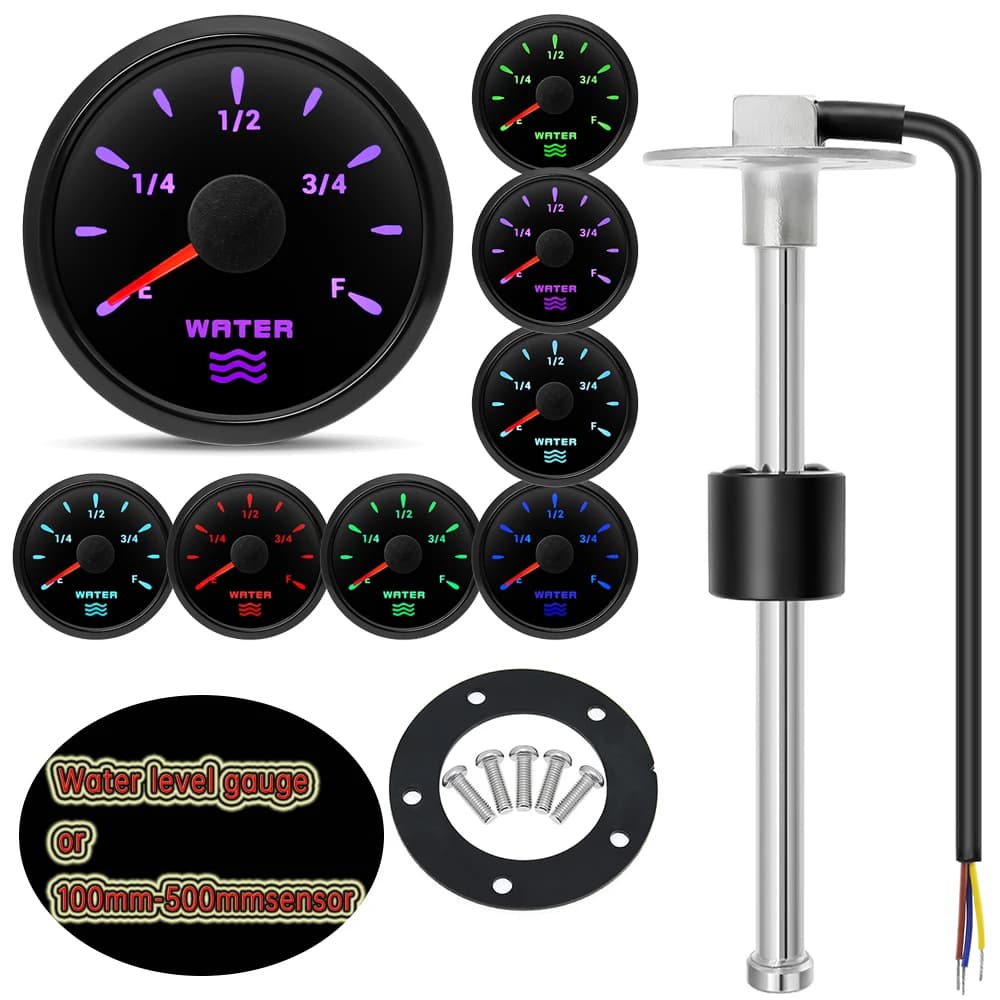 52mm 0-190Ohm Wasserstands anzeige 7 Farben Hintergrund beleuchtung und 100 mm-500mm Wasserstands anzeige passend für Auto Boot Marine 12V 24V