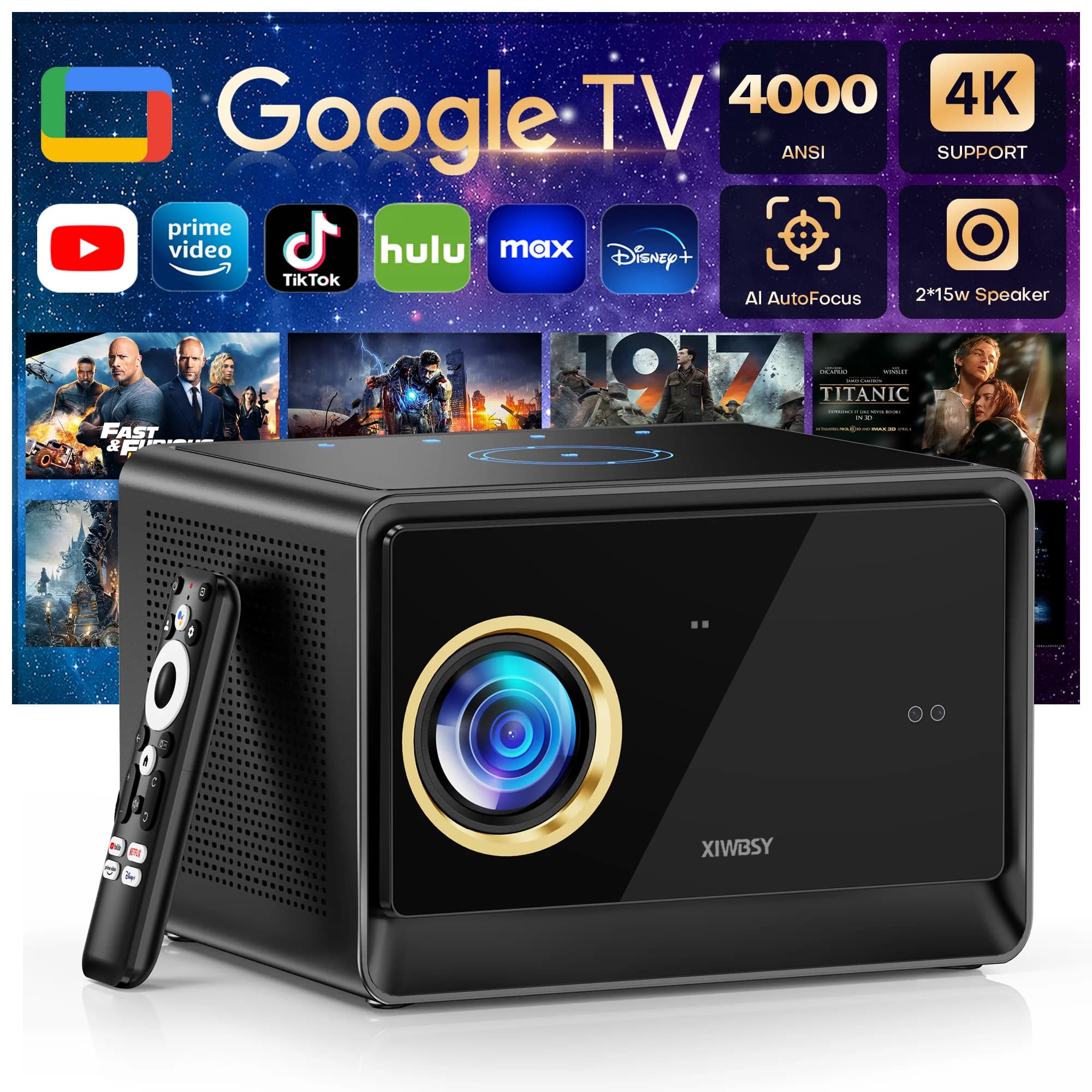 XIWBSY 4K Android 11.0 Google TV Projektor 4000ANSI Versiegelter Optischer Projektor mit Google Sprachassistent WiFi6 Heimprojektor