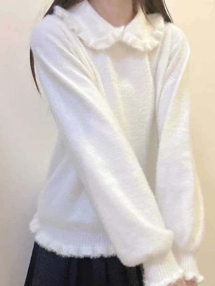 Lolita Kawaii Pullover Frauen Süße Rüschen Peter Pan Kragen Nachahmung Nerz Pullover Japanische Vintage Langarm Bodenbildung Tops