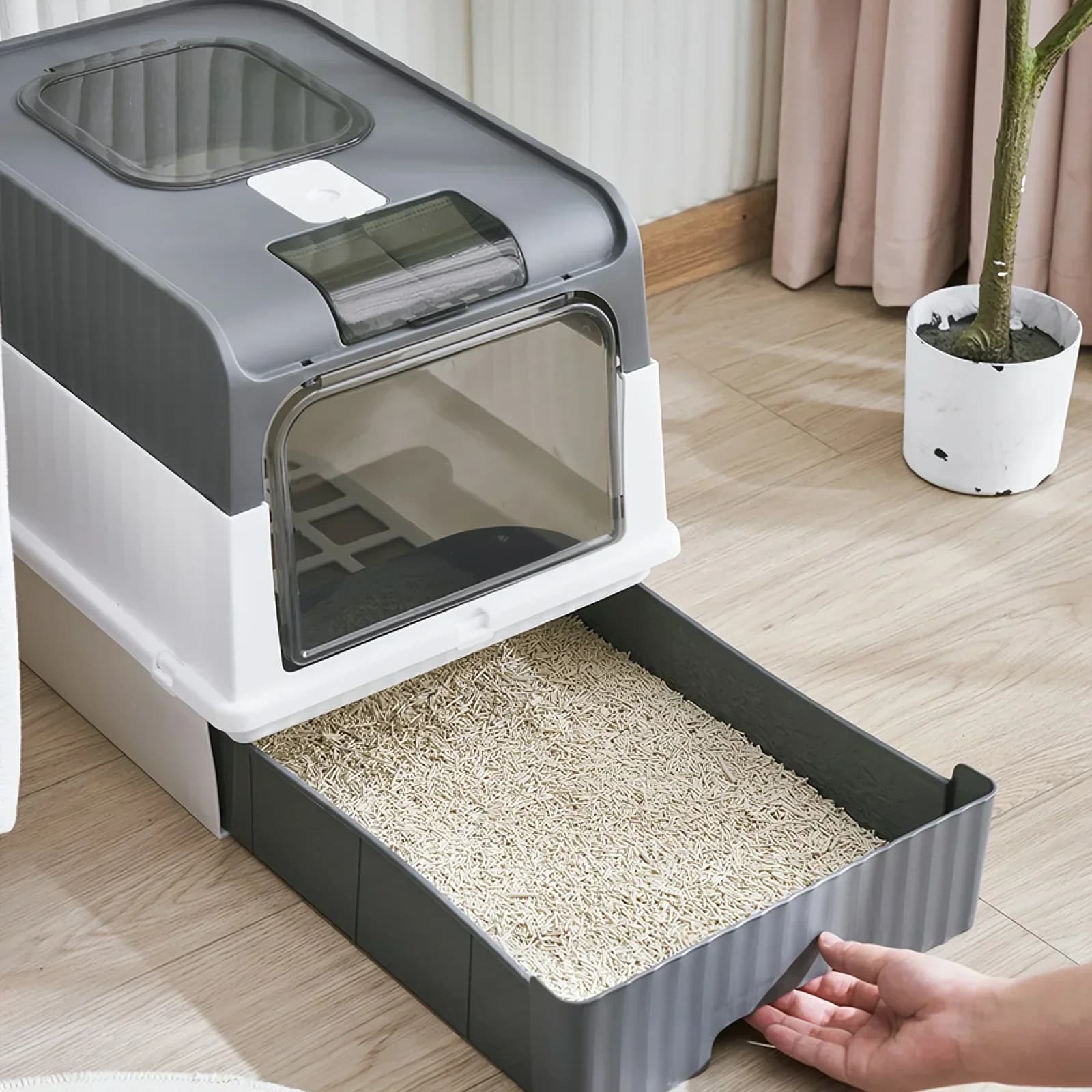 Tragbare, zusammenklappbare Katzenstreuerform mit Spritzschutz und Kunststoffschaufel – Katzentoilette mit Deckel, leicht zu reinigen und zu