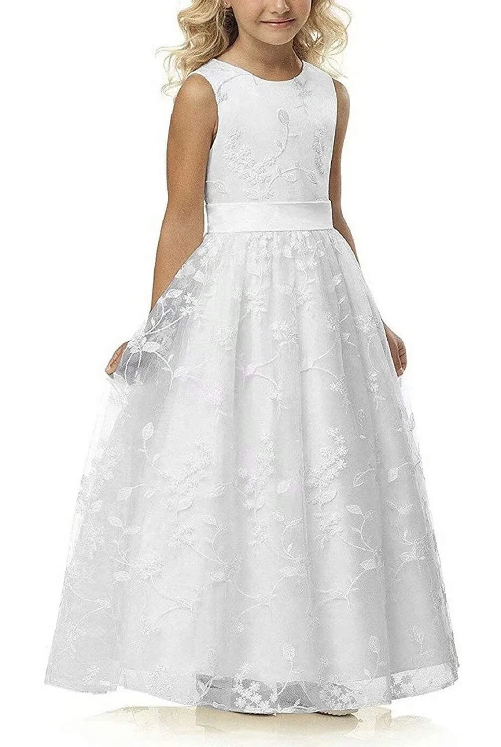 Chic Kids Long Communion Dress Lace Flower Girl Dresses Tulle Embroidered Satin Belt Boho Bridesmaid Dress 2-13 Years