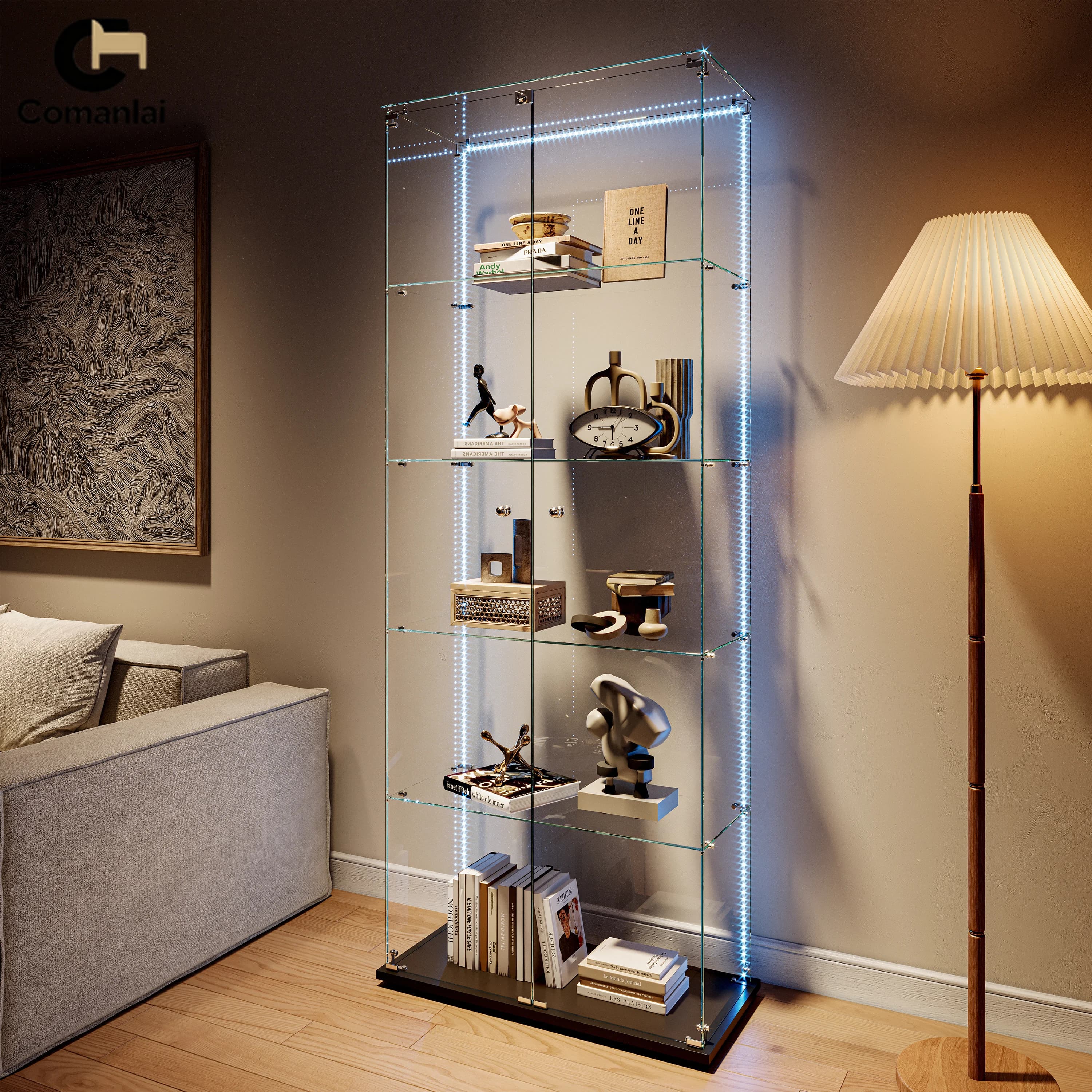 Comanlai 5-lagige Präsentationsständer, Glasvitrine mit LED-Leuchten und Schloss, 2 Türen, säulenförmiger Wohnzimmervitrine