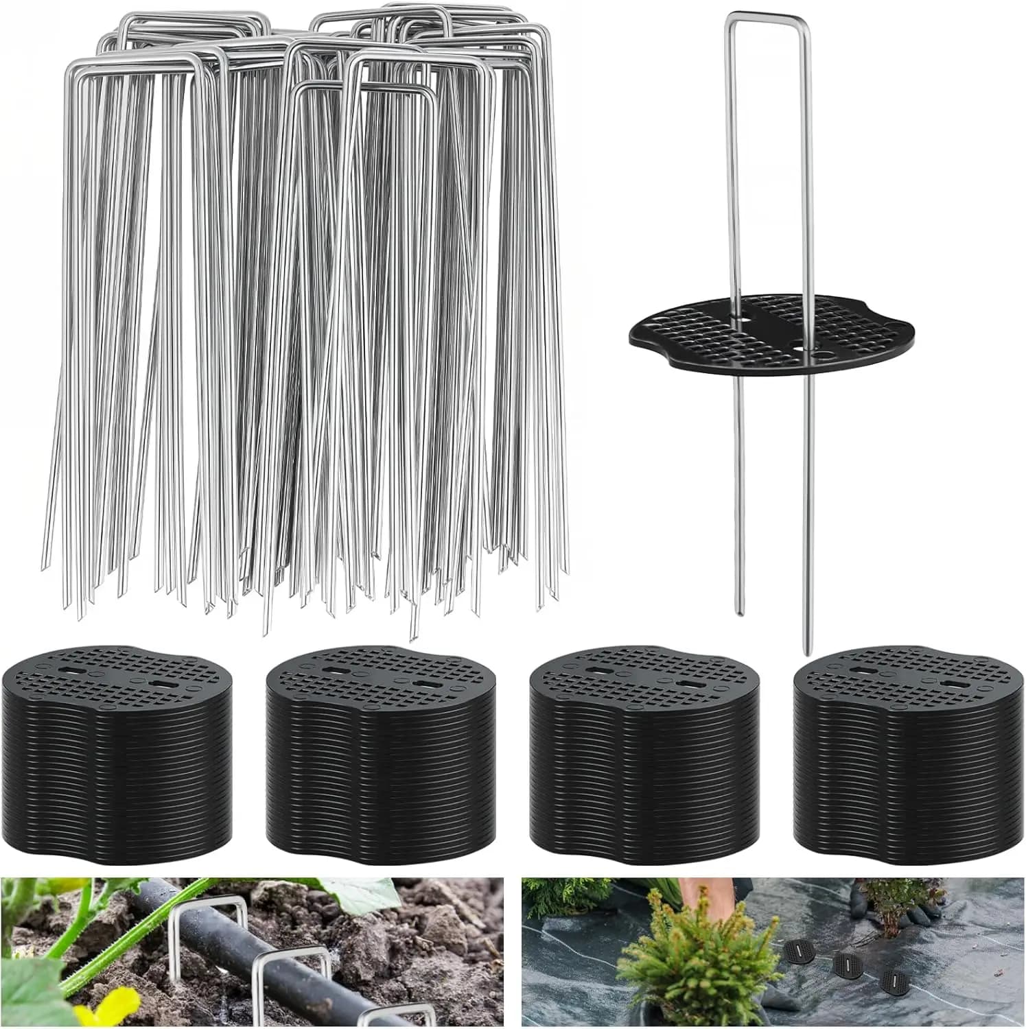 100 Stück U-förmige Bodenheringe mit Puffer-Unterlegscheiben, Gartenheringe zur Sicherung von Unkraut, Landschaft, Stoffnetzen, Garten- und