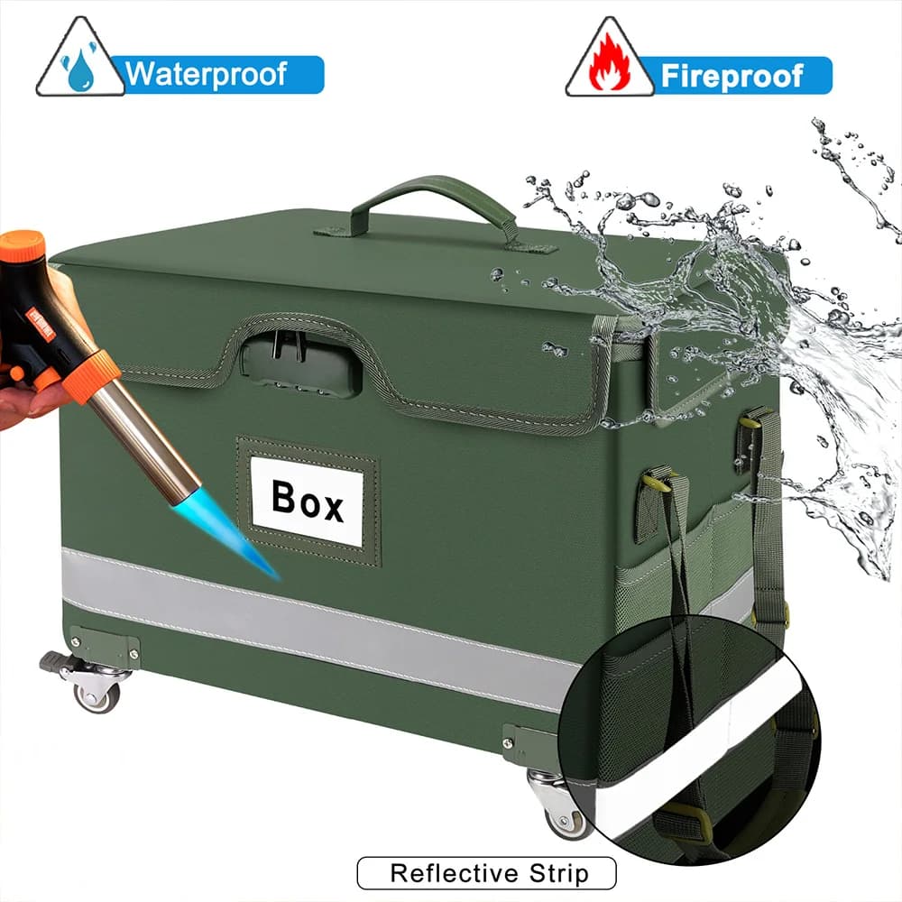 Feuerfeste Aktenbox mit Schloss und Rollen – wasserdichter Aktensafe, faltbar, tragbar, Büro- und Heimdatei-Aufbewahrungsbox mit Reflektierung