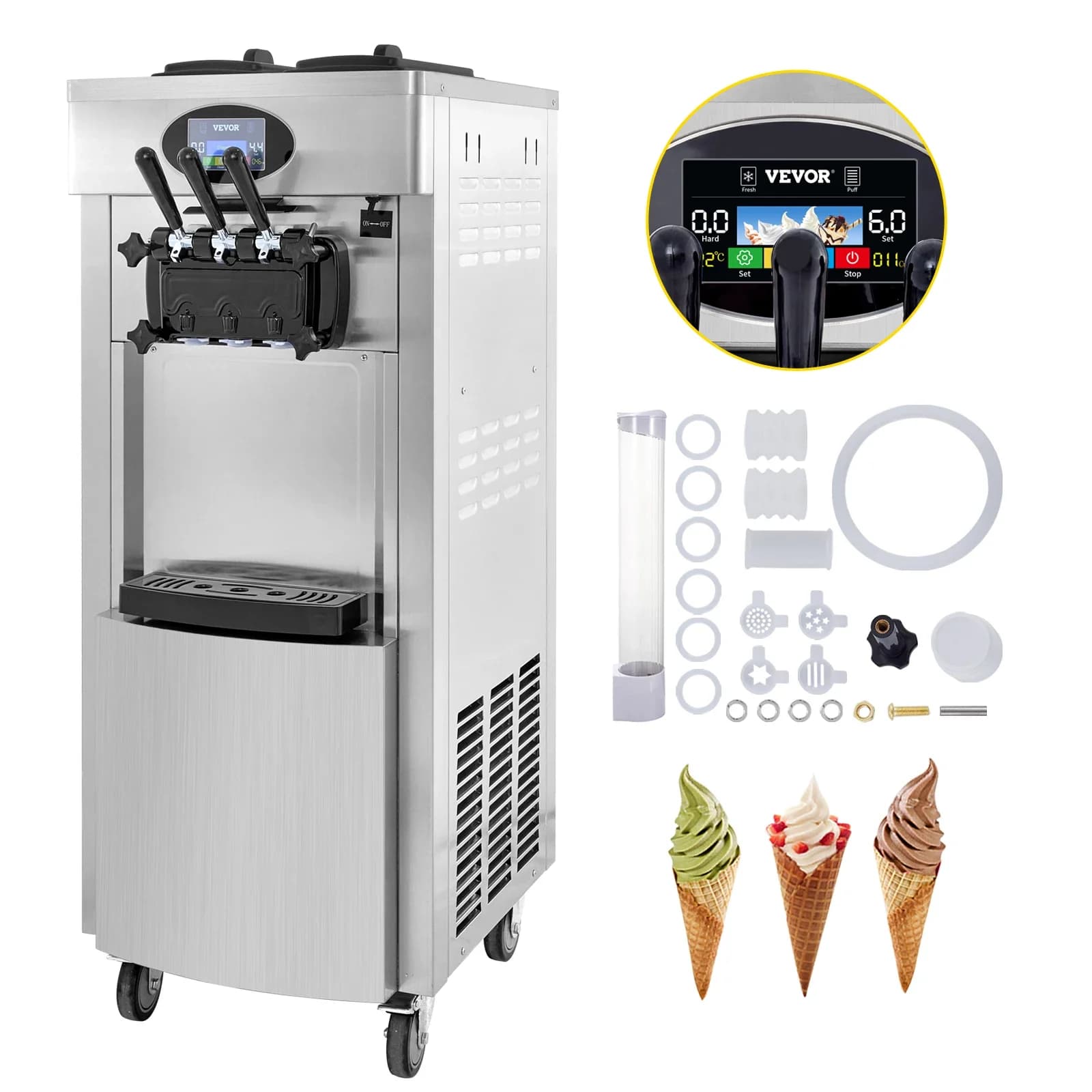 SIHAO 2200W Kommerzielle Softeis-Maschine 3 Geschmacksrichtungen 5,3-7,4 Gal/H Nachtkühlung Automatische Reinigung LCD-Panel für Restaurants