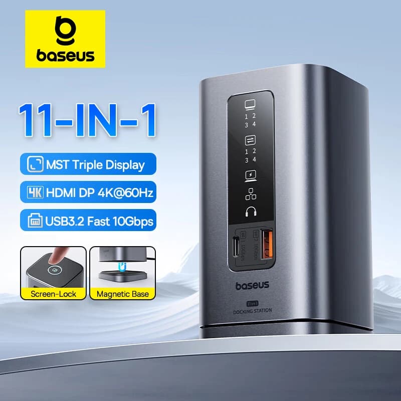 Baseus 11-IN-1 USB C HUB HDMI DP 4K@60Hz MST Triple Display USB 3.2 Splitter mit RJ45 3,5 mm Mikrofon PD100W magnetische Dockingstation