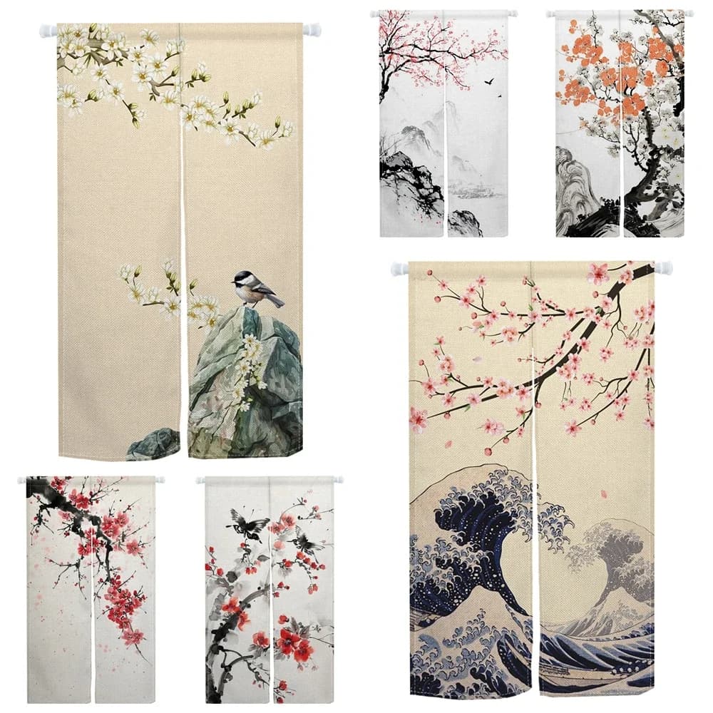VIKAMA Türvorhang im japanischen Stil, Kirschblüte und Vogel, Kanagawa-Welle, Zimmer, Zen, Innentrennvorhang, Heimdekoration