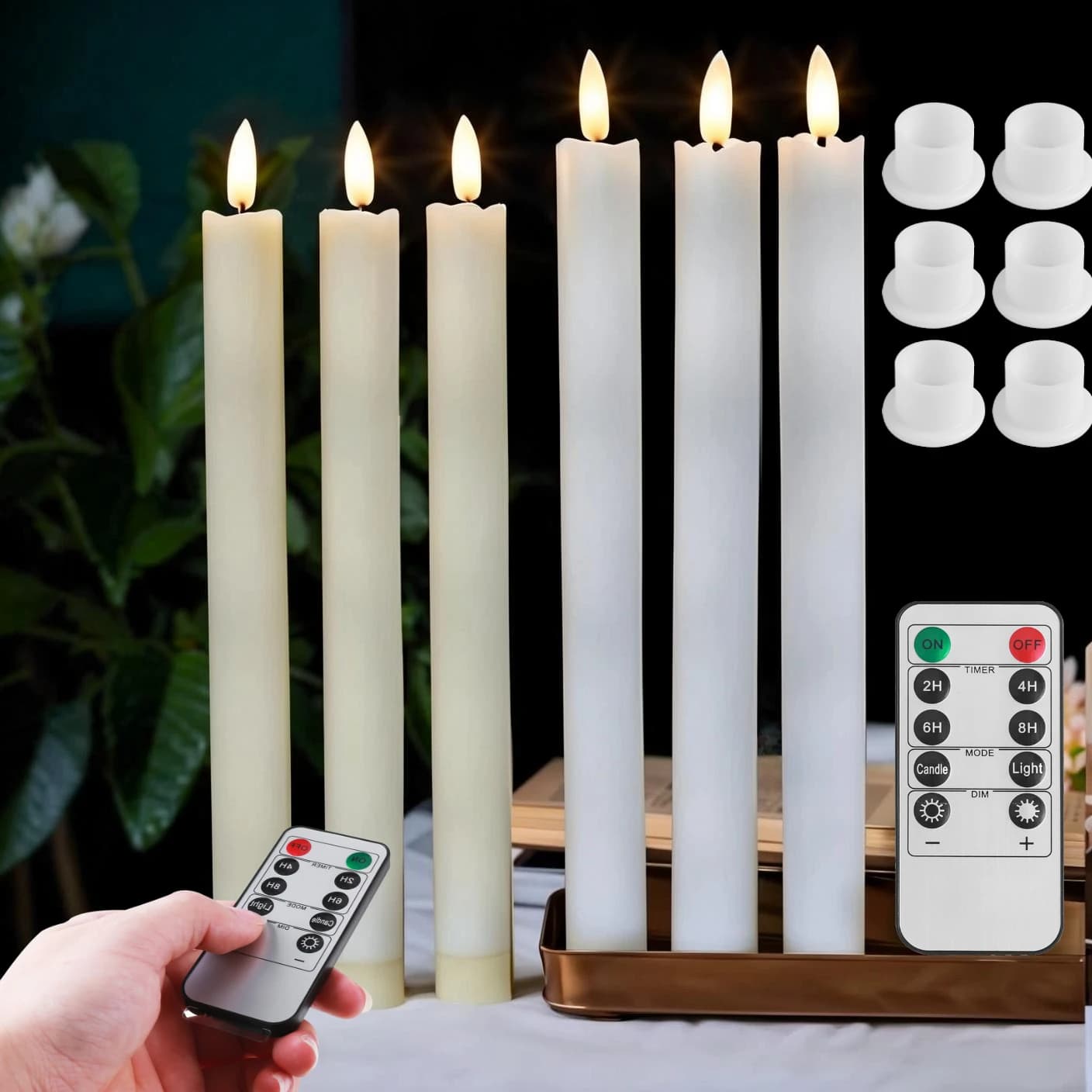 Flammenlose elfenbeinfarbene Spitzkerzen, flackernd, mit 10-Tasten-Fernbedienung, batteriebetriebene LED-Fensterkerze, 6 Stück, Weihnachts- und