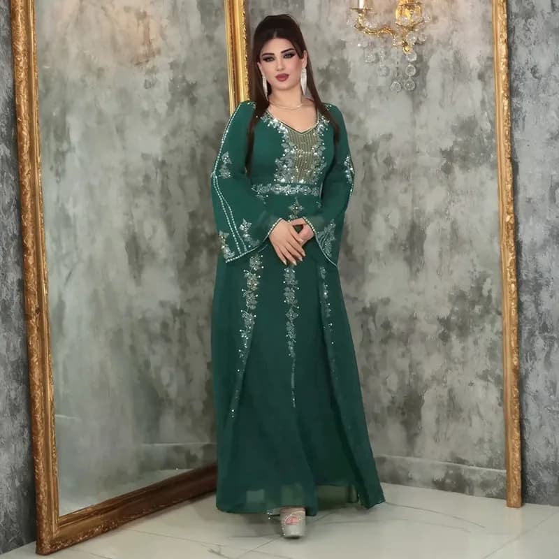 Eid lange Robe muslimische Frauen Party Pailletten Jalabiya Kleider Stickerei Ramadan Abayas Kaftan Islam Vestidos Arab Marokko Dubai