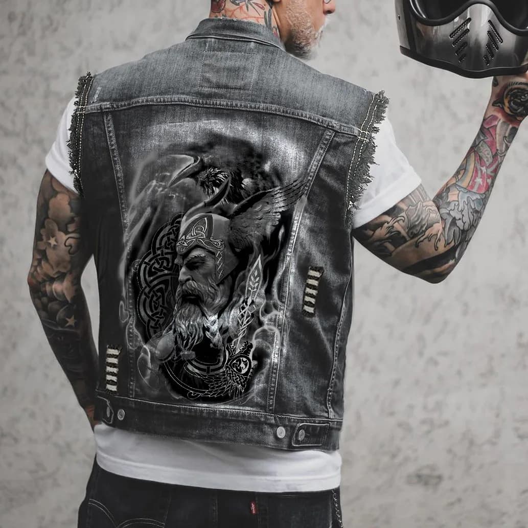 Personalisiertes Muster Wikinger-Druck Vintage Pelzkante Loch Motorrad Weste Mantel 2023, Herrenbekleidung