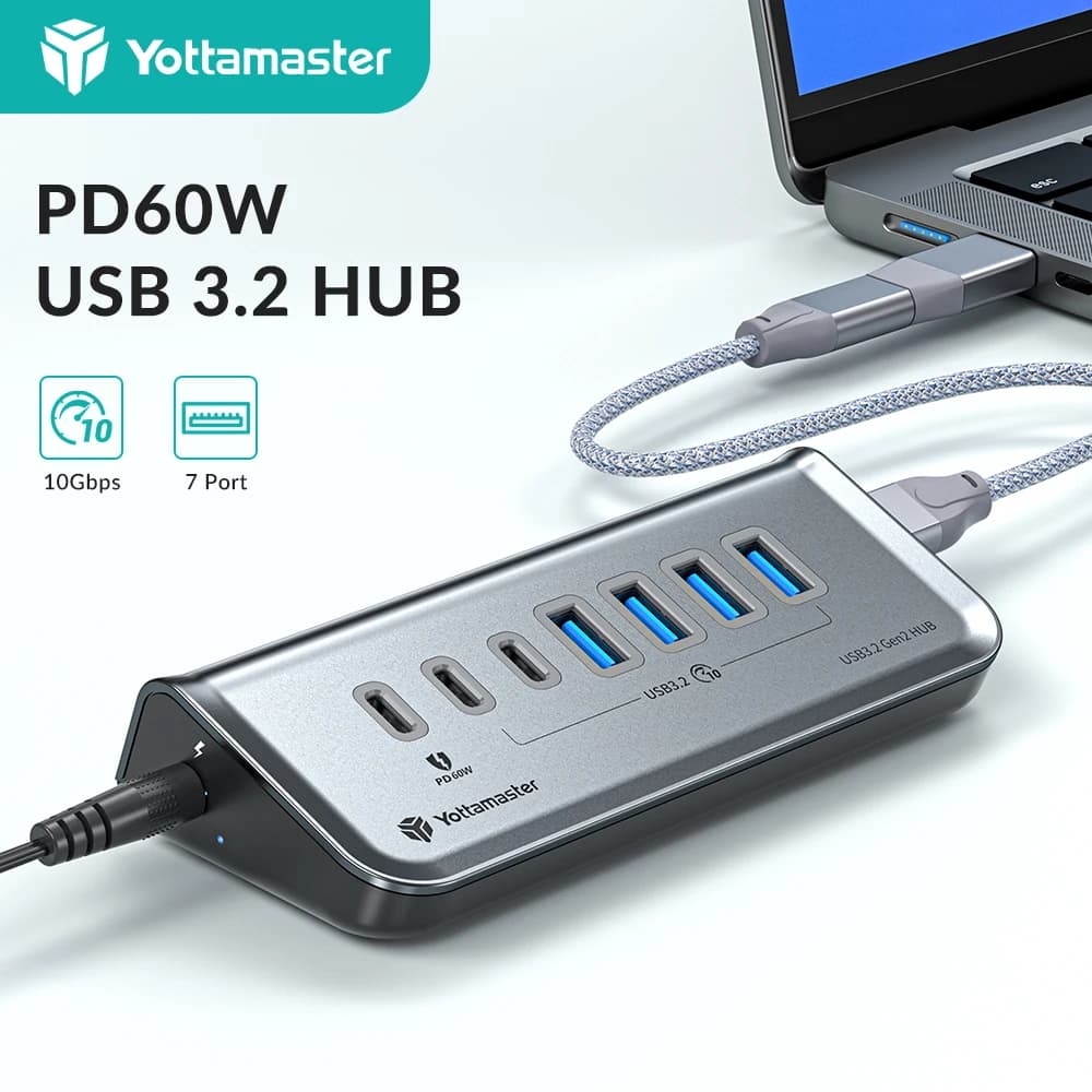 Yottamaster USB 10 Gbit/s HUB Schnellladung 60 W USB 3.2 Dock Station High Speed 7 Port Multifunktions USB HUB Adapter für Laptop Mac