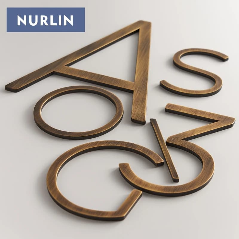 Nurlin massives Messing, anpassbar, alte Bronze, antikes Messing, Haus, Büro, Unternehmen, Park, Nummer, Buchstabenschild, 3D-schwebendes
