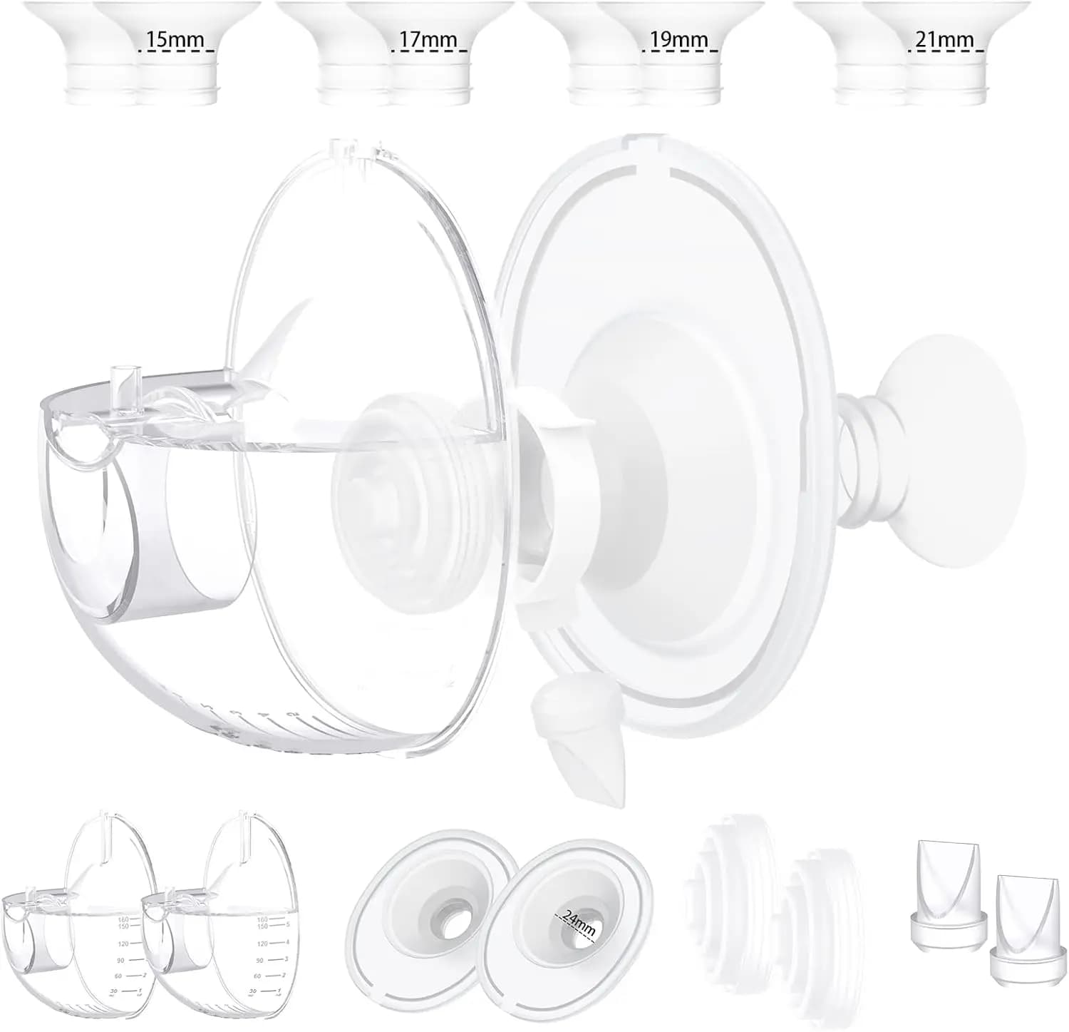 Zwei Sätze kompatibel mit Momcozy M5 Milchpumpen-Ersatzteilen, Sammelbecher und 15/17/19/21 mm 8-teiliger Flanscheinsatz für M5