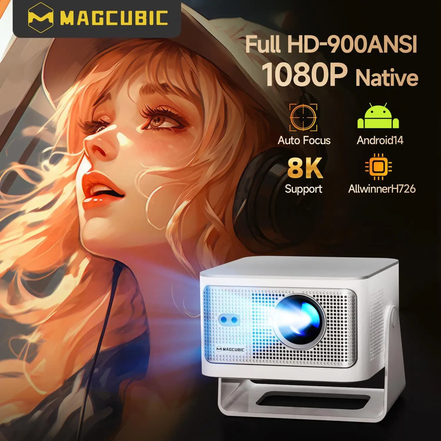 Magcubic 900ANSI Android 14-Projektor, Autofokus, unterstützt 8K Native 1080P mit Wifi6 BT5.4 16G Allwinner H726 Portable HY350Max