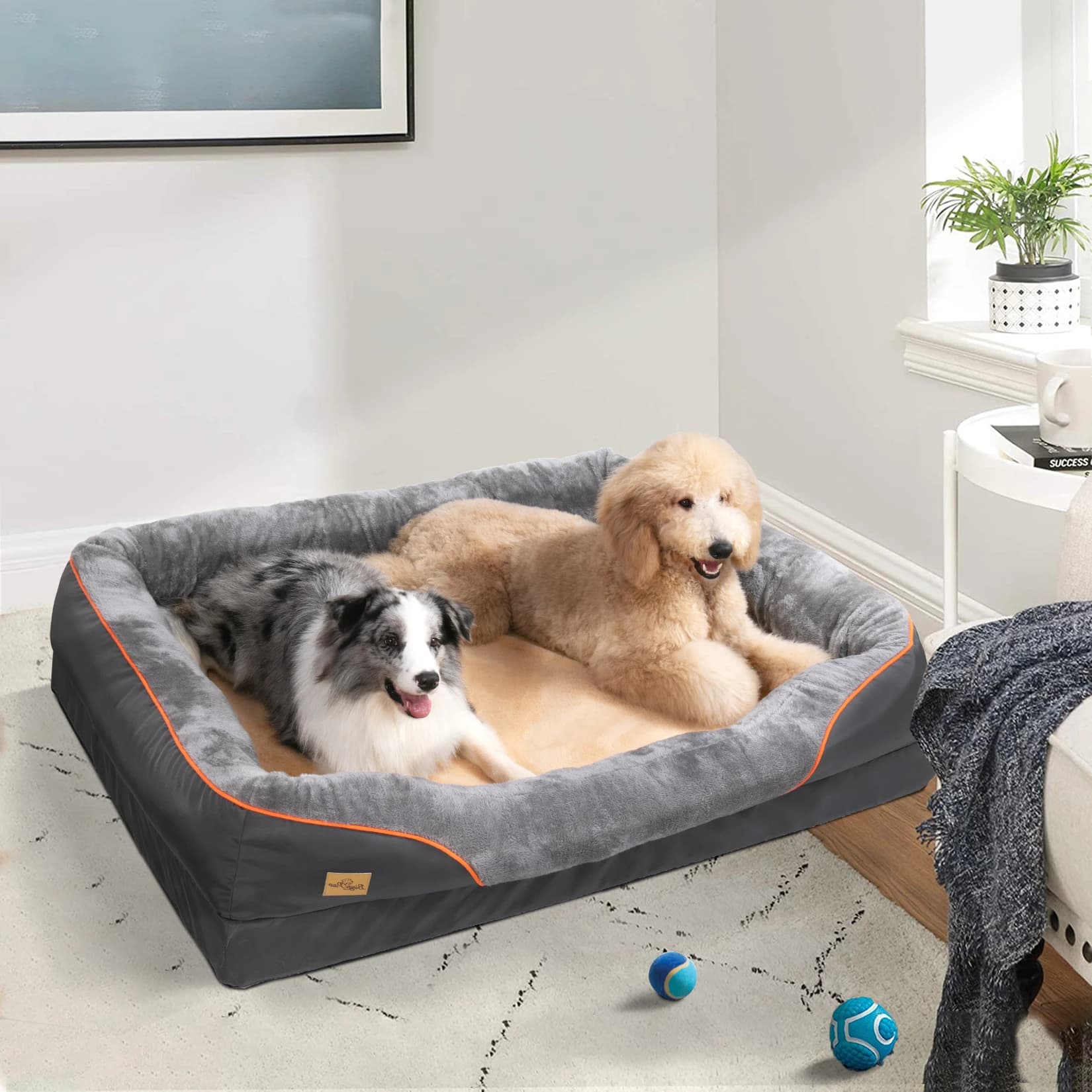 Großes Orthopädisches Hundebett, für Große und Mittelgroße Hunde, mit Abnehmbarem und Waschbarem Bezug, Wasserdichter Hundekorb mit 4 Kanten,