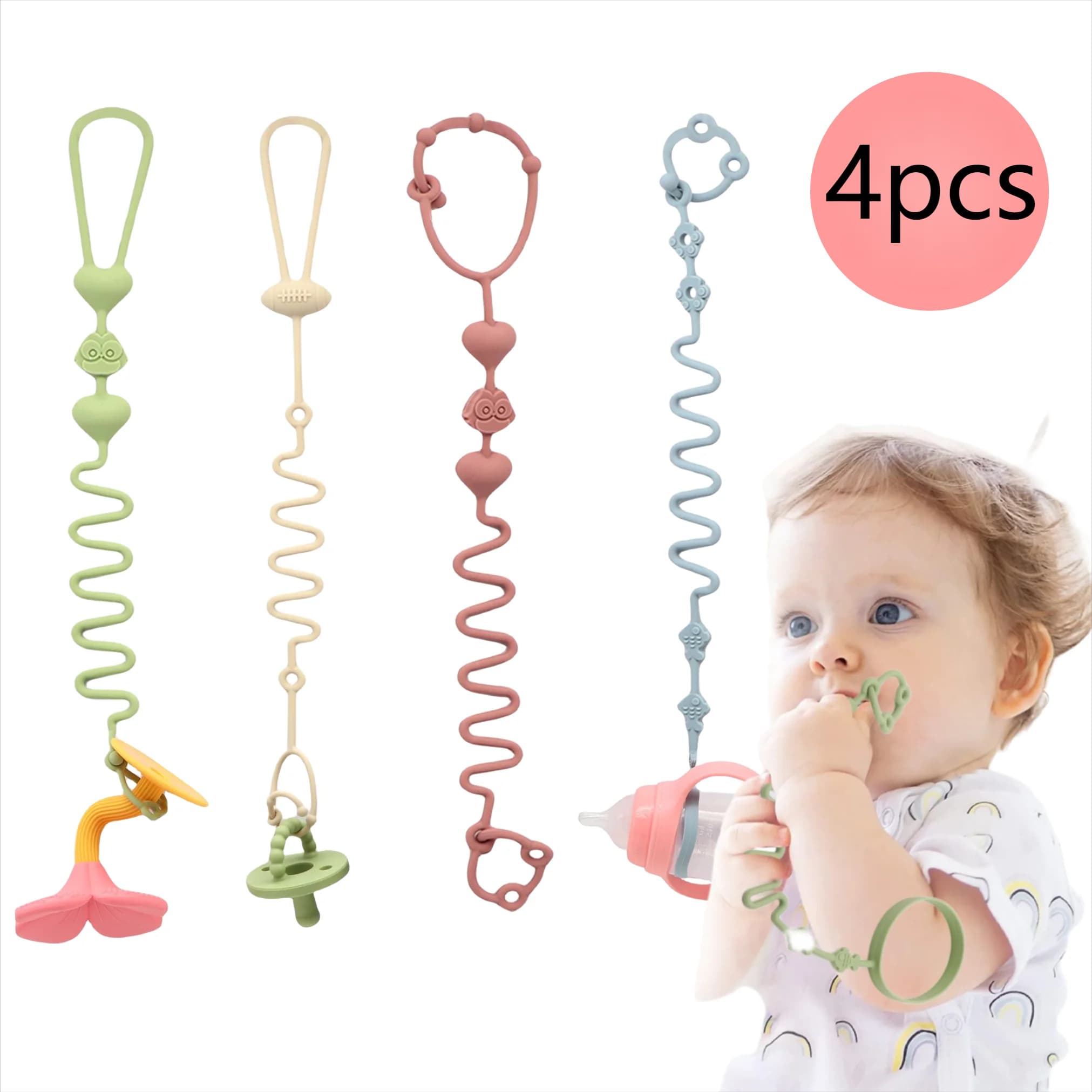 4 Stück verstellbare Silikon-Schnullerkette, Beißring-Spielzeug, geeignet für Hochstuhl, Kinderbett, Baby-Geschenke, Beige