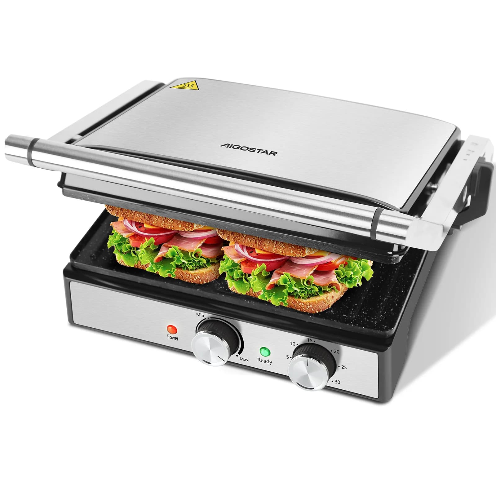 Aigostar Kontaktgrill, Keramikbeschichteter, 30 Minuten Timer. Panini Grill und Sandwichmaker für Sandwiche, Steak, Toaster. 2000 Watt, Einstellbarer