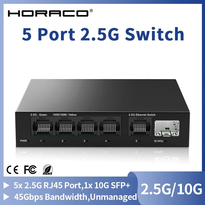 5-Port 2,5-GbE-Ethernet-Switch, nicht verwalteter 2,5-Gbit/s-Netzwerk-Switch, 1 Port 10 GB SFP+-Steckplatz, Home-Labor-Setup-Switch, Plug-and-Play