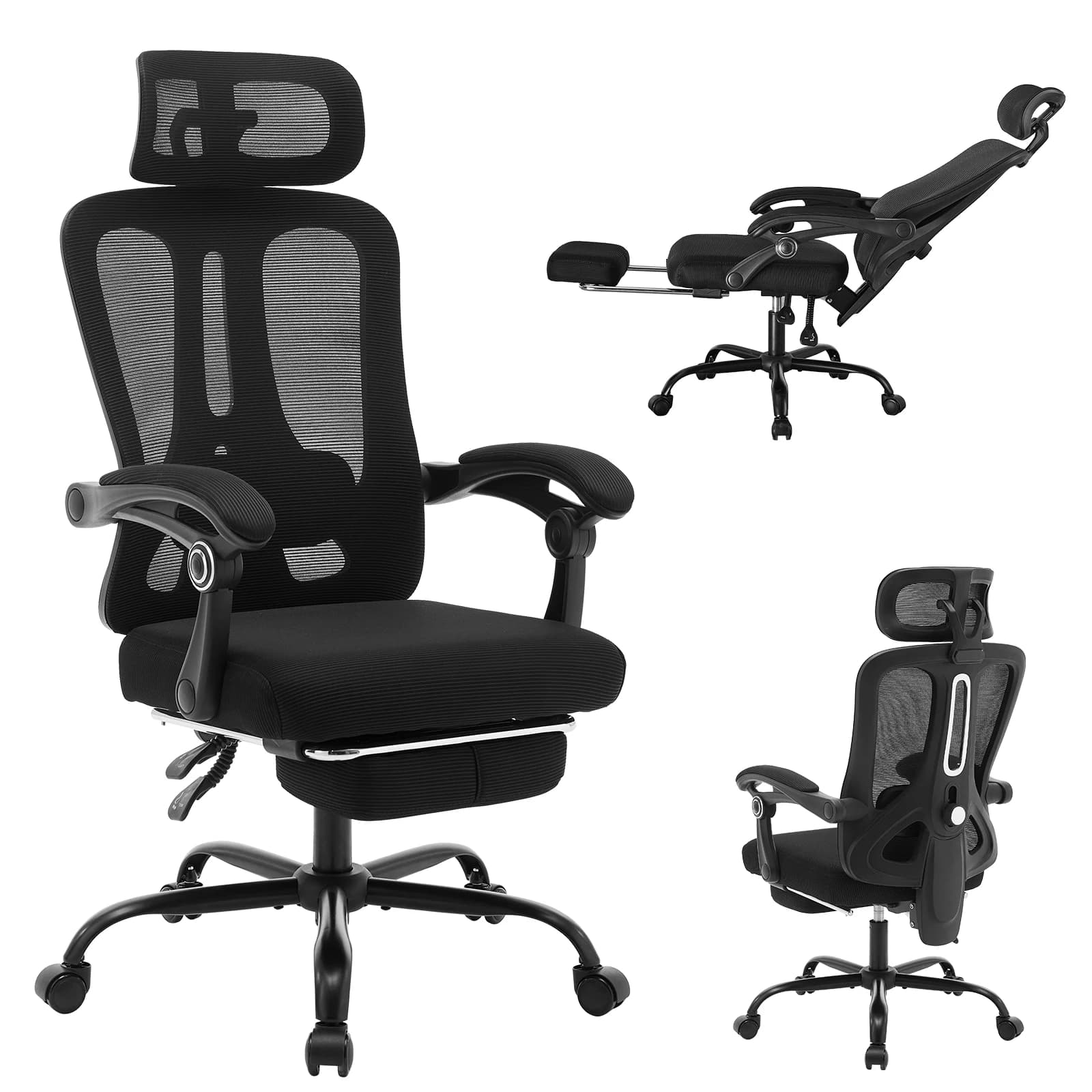 Ergonomischer Bürostuhl, verstellbare Lordosenstütze, drehbarer Arbeitsstuhl für zu Hause mit Kopfstütze, Fußstütze, Mesh-Gaming-Stühle mit