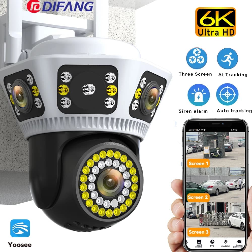 Smart Home WiFi Kamera 6K Drei Bildschirm Sicherheit Kamera Outdoor Sicherheit Schutz Auto Tracking Camara 4K Yoosee CCTV Kamera