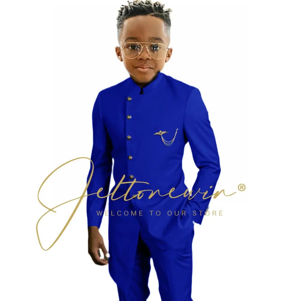 Königsblaues afrikanisches Design-Jungenanzug-Set für Hochzeit, formeller Smoking, Kinderkostüm, Klavier-Auftritt, maßgeschneidert für Kinder