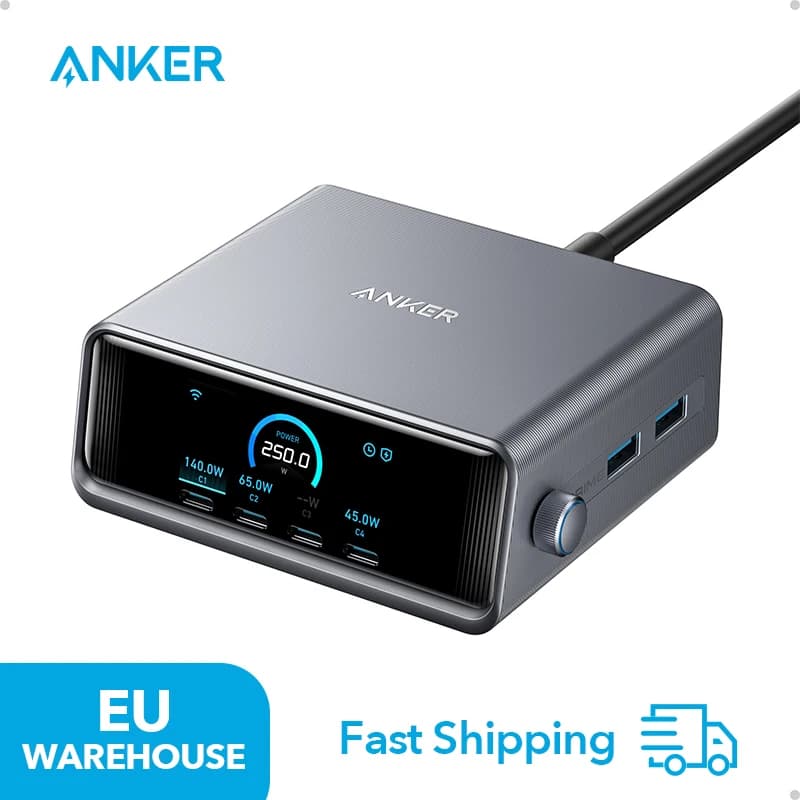 Ładowarka USB-C Anker Prime 250 W, ultraszybka 6-portowa ładowarka GaN, wyświetlacz LCD 6 cm, inteligentny kontroler