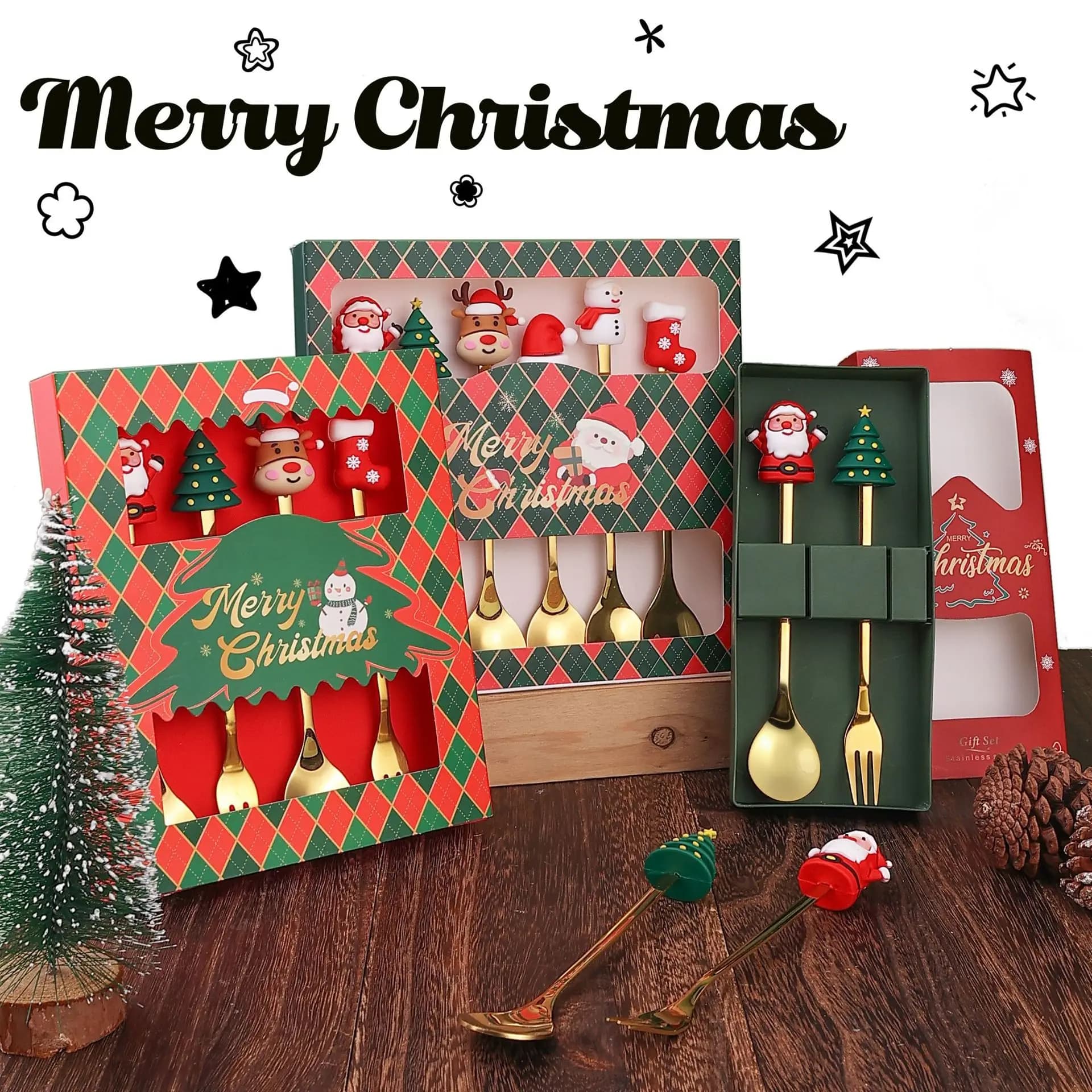 2/4/6 Stück Weihnachts gabel Löffel Set Edelstahl Kaffee Tee Dessert Gabel Löffel Geschenkset kreatives Geschirr Weihnachts geschenk