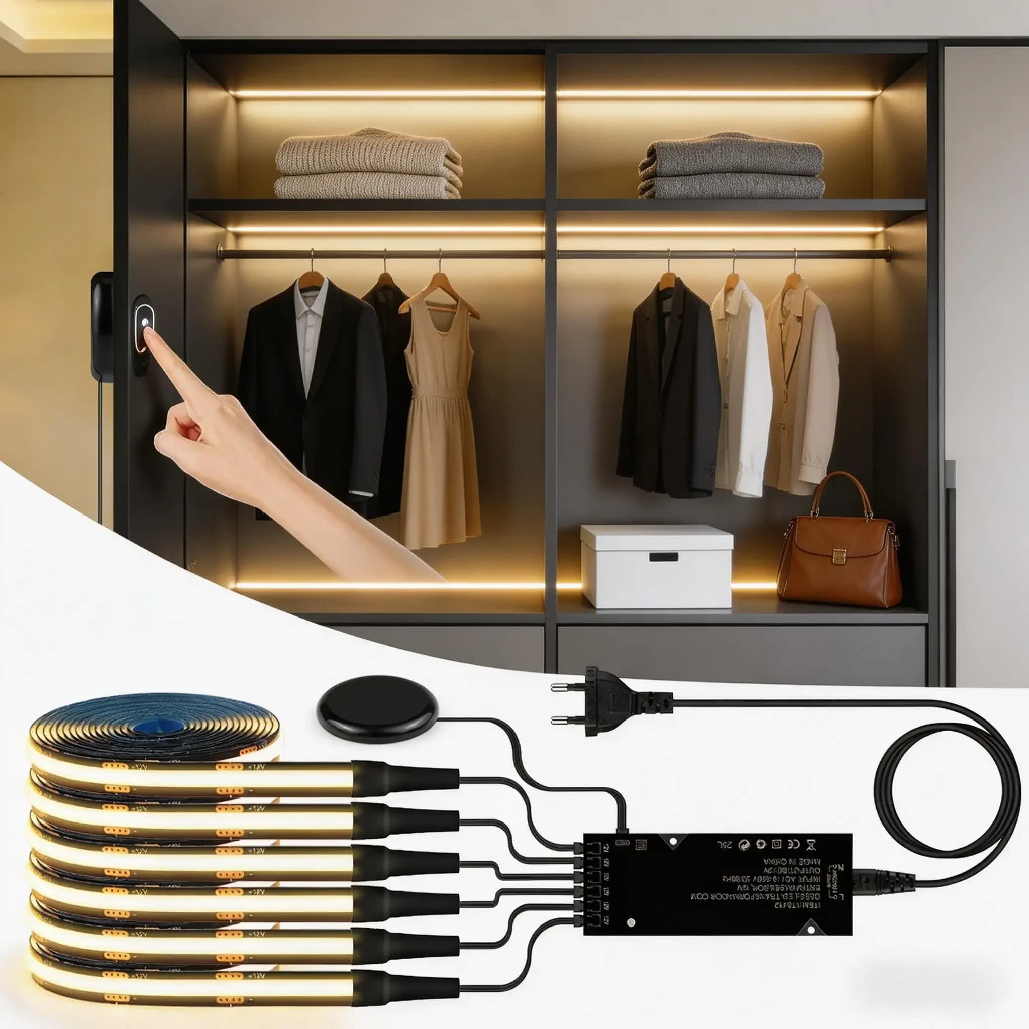 1-10 Kanal COB LED-Streifen-Set - Schwarze Leiterplatte, Bohrfreies Dimmbares Durchdringendes Board mit Berührungssensor-Schalter für