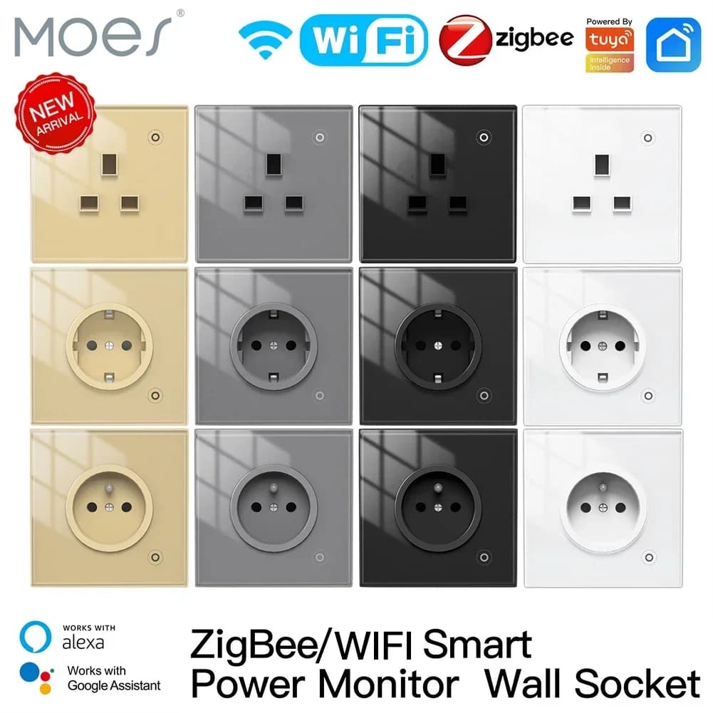Moes ZigBee Wand steckdose WiFi Smart Glass Panel Steckdose Power Monitor Tuya Wireless Control Timer Alexa Google Home Voice UK EU fr