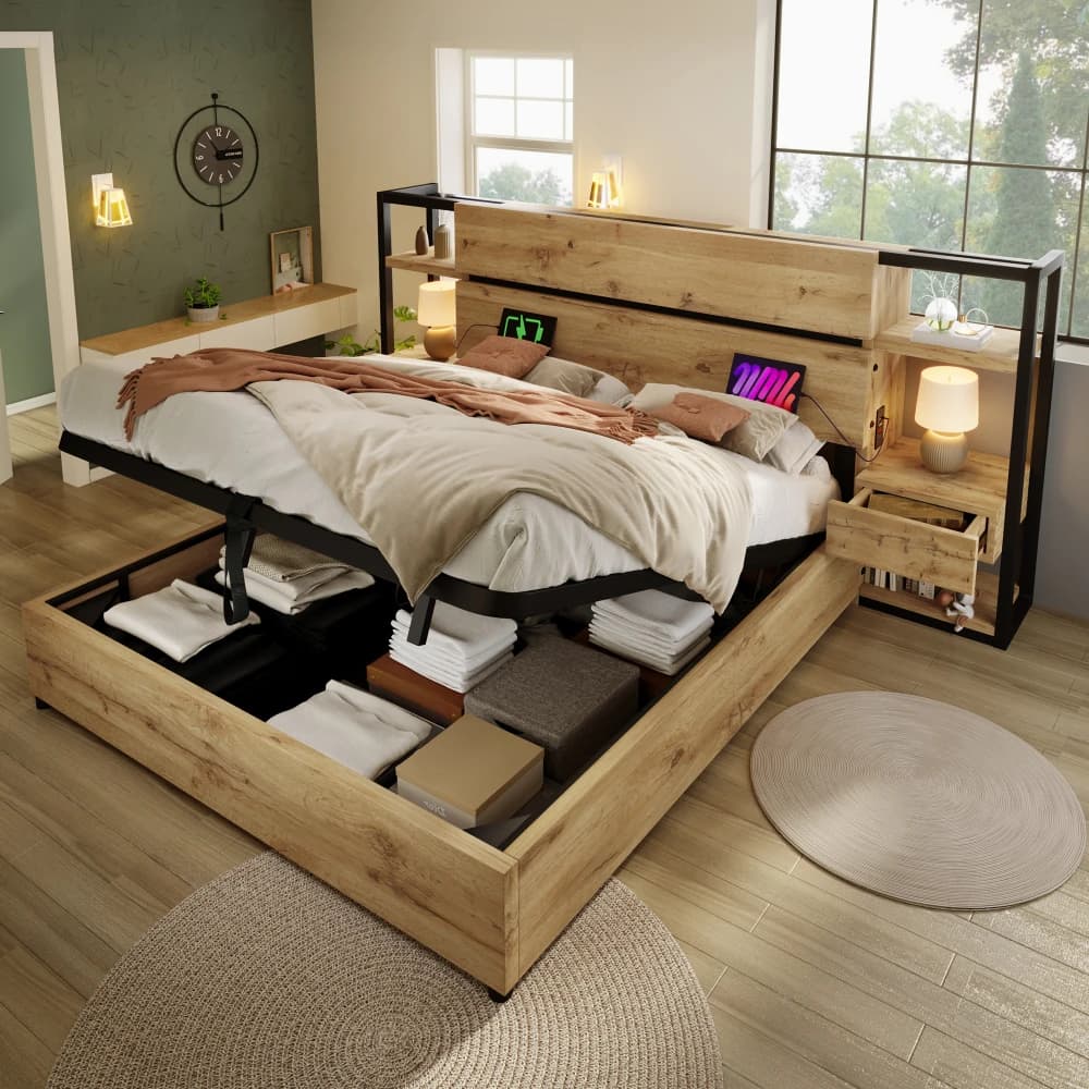 Holz-Doppelbett, Hydraulisches Stauraumbett, Kopfteil mit Schubladen und USB- & Typ-C-Ladeanschluss, Holzablagen, Bettgestell
