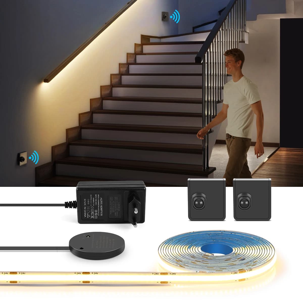 LED-Licht mit beweglichen Ein-/Doppelsensoren, Nachtlichter, COB-Lampe, 220 V, 110 V bis DC 24 V, PIR-Bewegungsmelder, Treppen, Schlafzimmer,