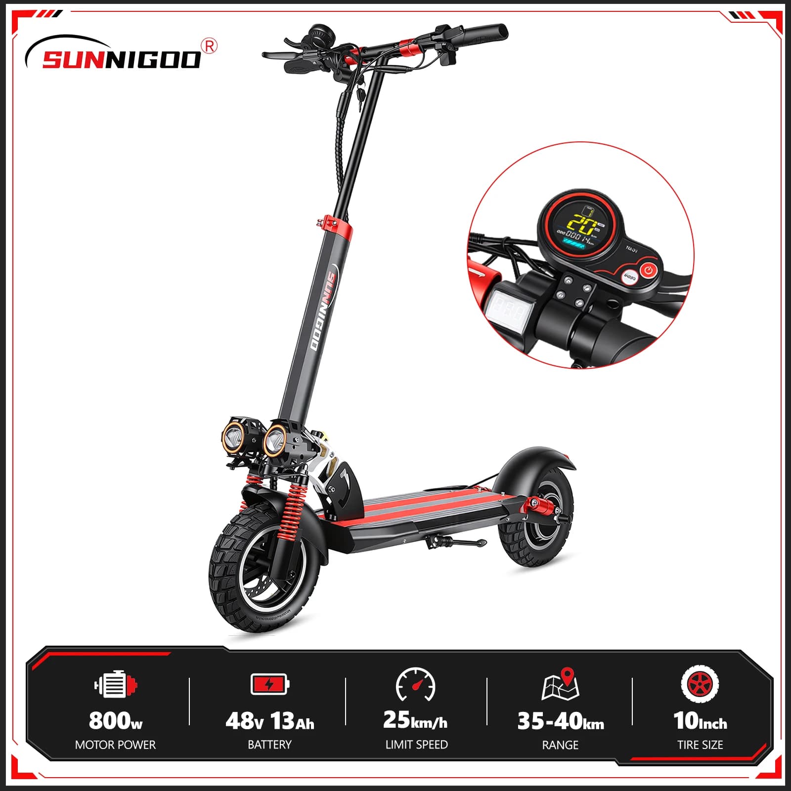 SUNNIGOO N3MAX 800 W 48 V Elektroroller 10 Zoll Offroad-Reifen Höchstgeschwindigkeit 50 km/h Reichweite 35–45 km Dual-Stoßdämpfender faltbarer