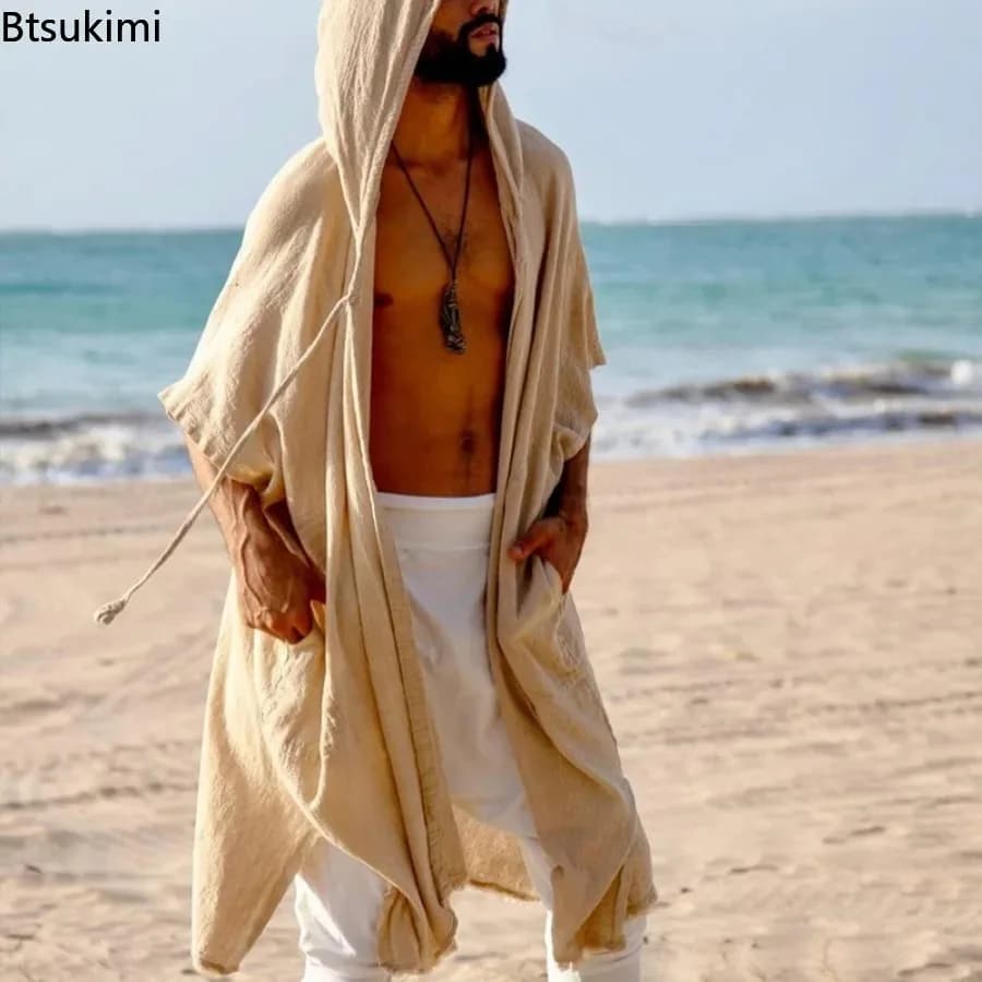 2026 Herren Sommer Mid-Length Cardigans Lockerer Freizeit-Sonnenschutz Strandurlaub-Stil Schal-Mantel Herren Langer Kapuzenumhang