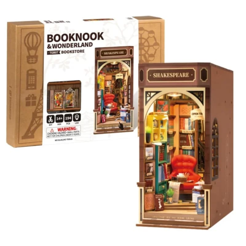 Rolife Buchhandlung Buchnische Buchstützen-Modellbausatz mit LED-Beleuchtung DIY Miniaturhaus-Set für Bücherregal-Dekoration - TGB07