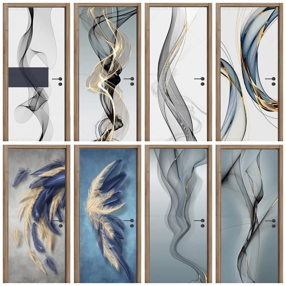 Minimalistische abstrakte Linie Türaufkleber Tapete selbstklebende schwarz-weiße Linien Kunstwandbild für ganze Tür Wohnung Home Decor