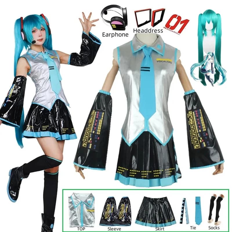 Miku Cosplay Komplettset Silber Leder Stoff Anzug Miku Cosplay Kopfbedeckung Kostüm Outfit JK Matrosenkleid High School Uniform Hallow