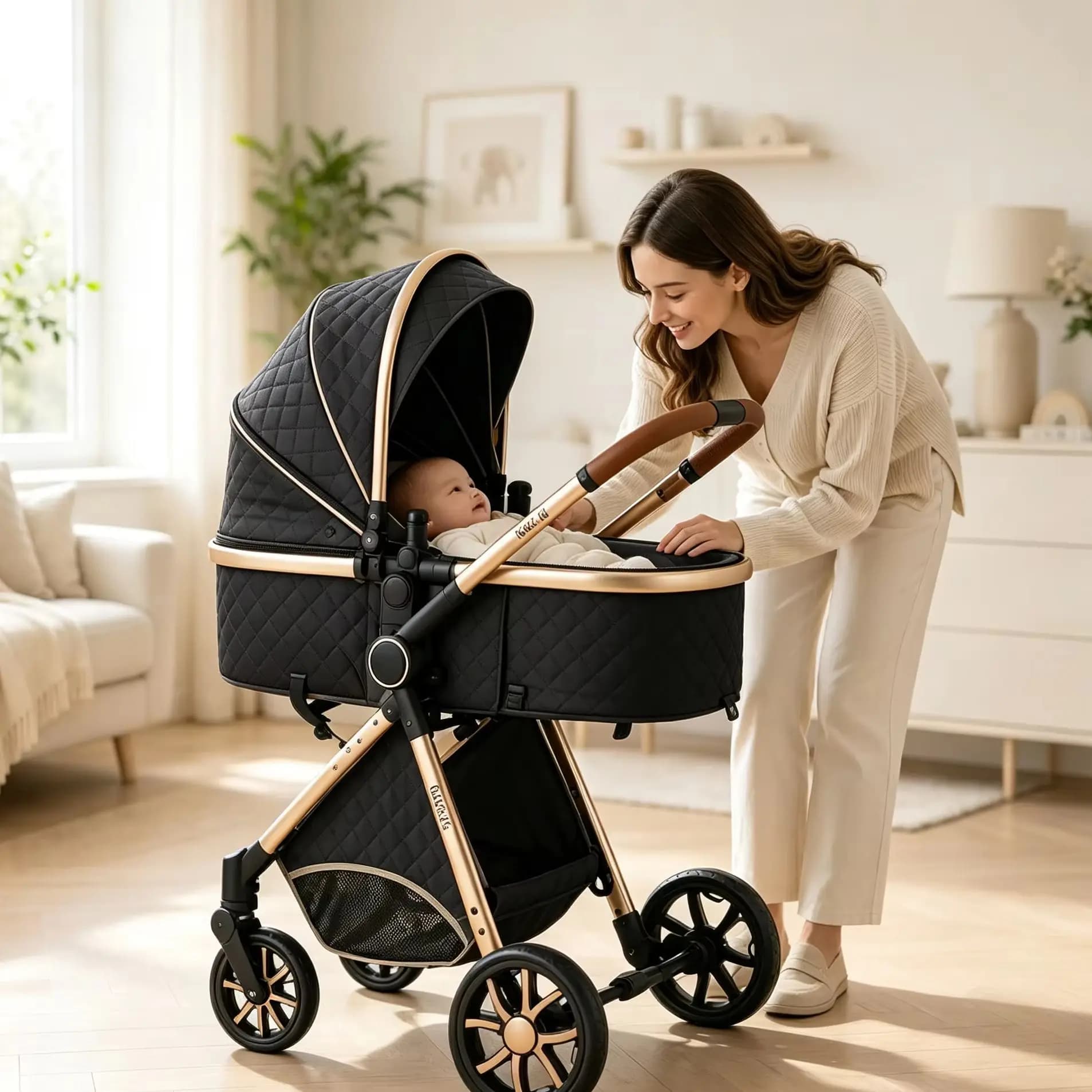 Luxuriöser 3-in-1 Kinderwagen mit Autositz und Schlafkorb, Leichter Babywagen, Hochwertiger Kinderbuggy, Multifunktionaler Verstellbarer Reisebuggy,