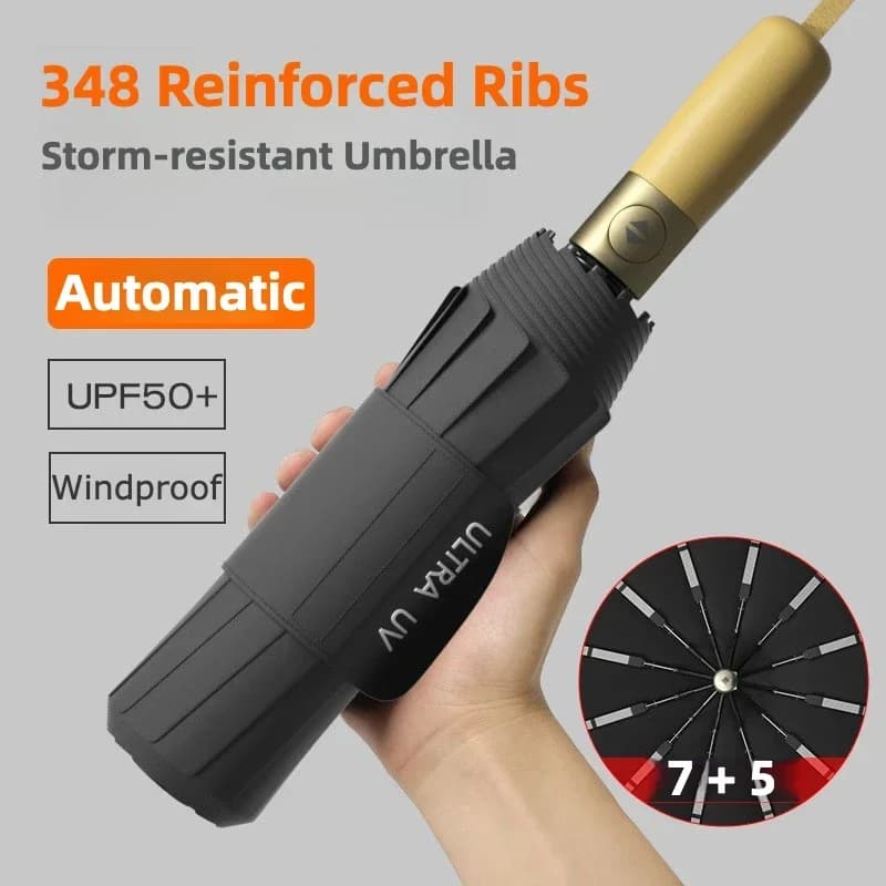Sturmfester, winddichter, zusammenklappbarer automatischer Regenschirm, verstärkte 348 Rippen, Sonne UV UPF 50+ Schutz Regenschirme für Männer und