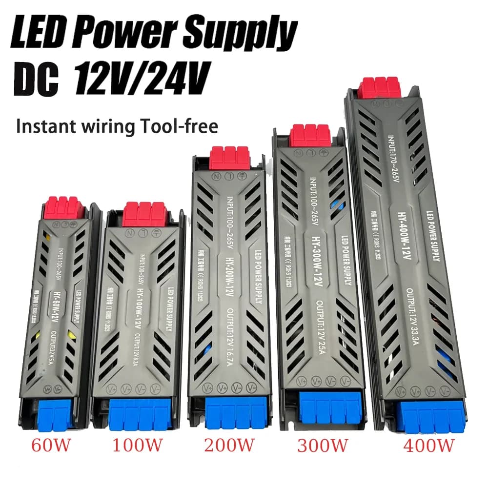 DC12V 24V LED-Netzteil 60W 100W 200W 300W 400W Ultradünner AC 100-265V Transformator LED-Treiber für COB 5050 LED-Streifenbeleuchtung