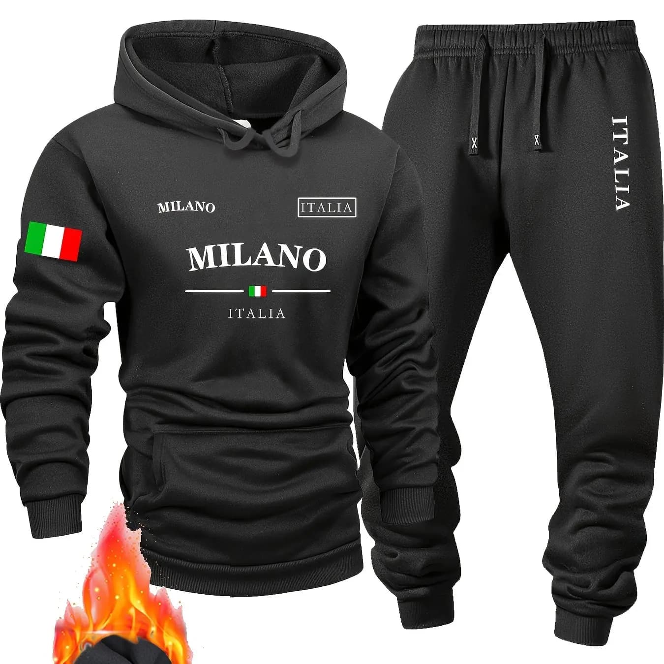 Neues Frühlingsmode-Sport-Hoodie-Set für Herren, mit Pullover mit Milan-Buchstaben und Flaggen-Print und Sporthose, weich und bequem