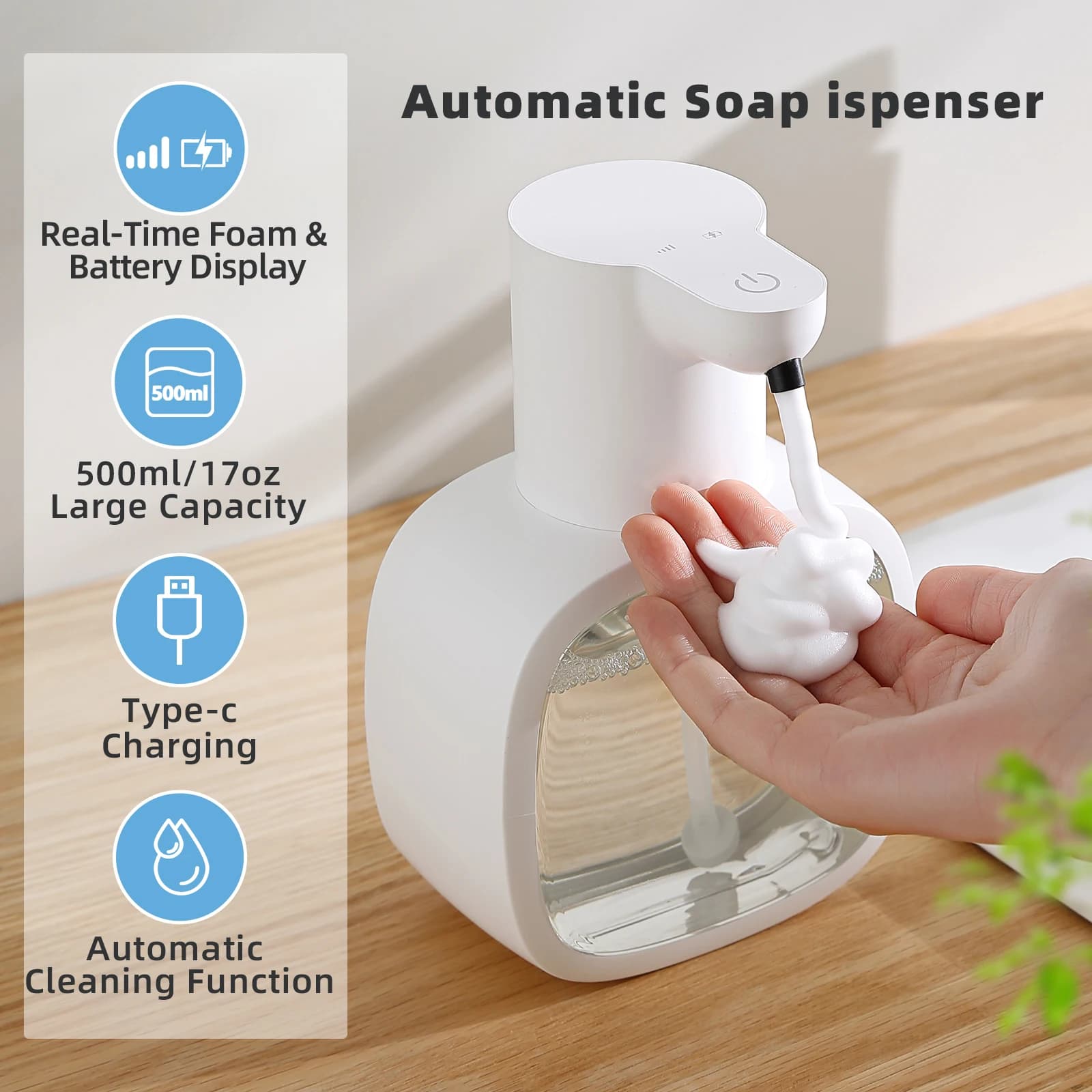 Neuer an der Wand montierter automatischer Seifenspender aus Schaumstoff, intelligente Handwaschmaschine, 500 ml flüssiger wiederaufladbarer